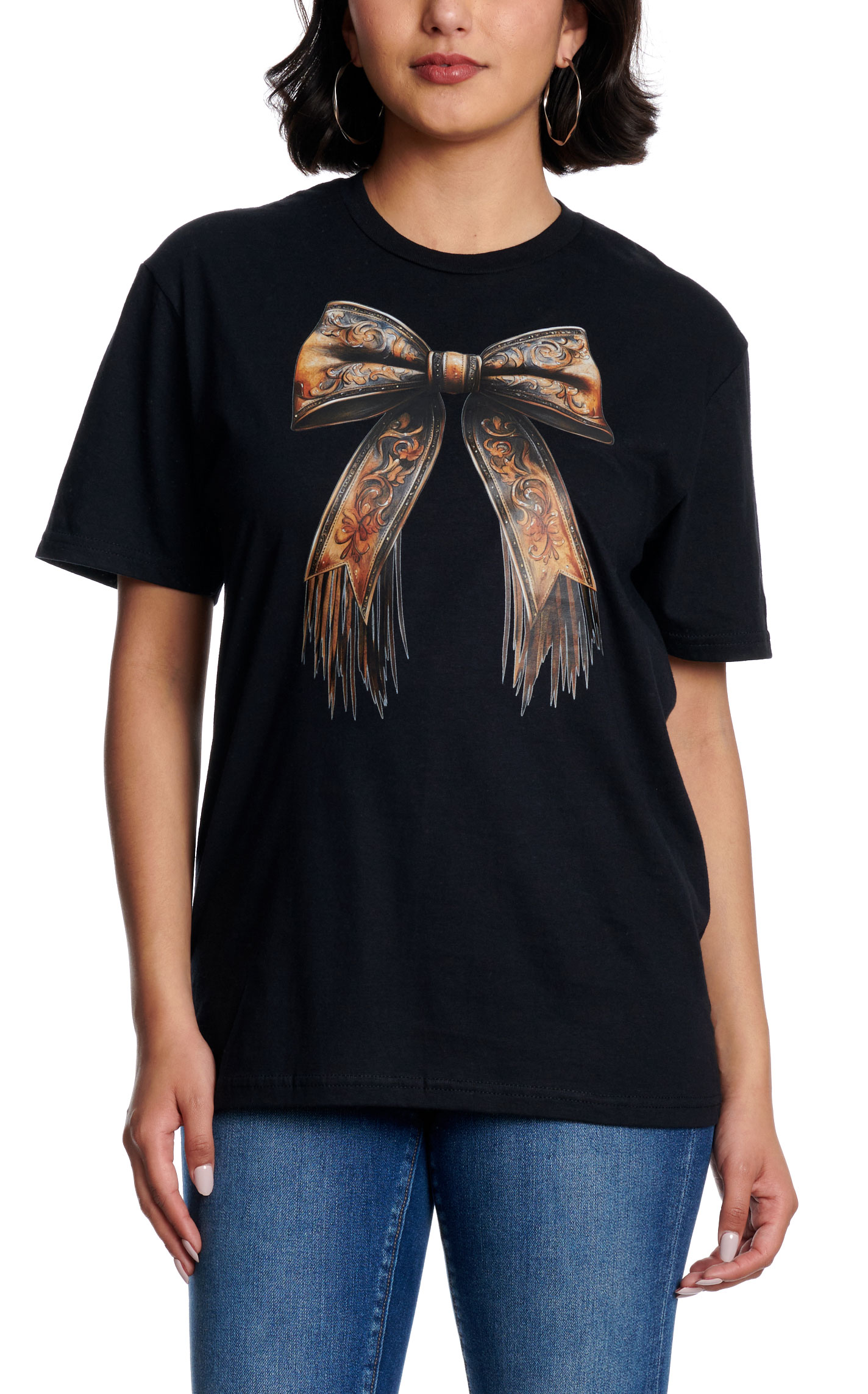 Lattimore Women's Black Leather Bow Graphic T-Shirt - Image 1