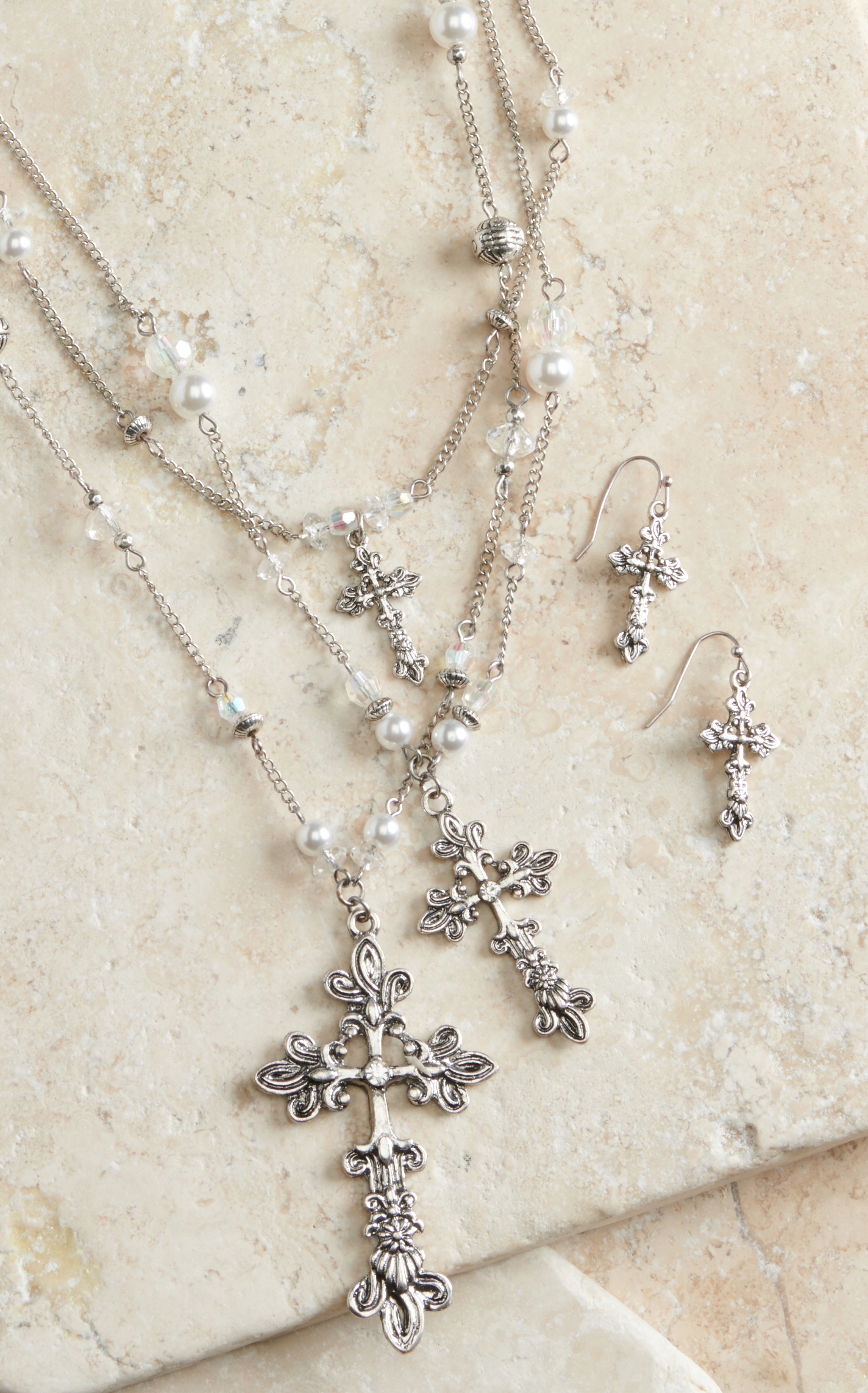M&F Western Products Cross Pearl Long Multi Chain Jewelry Set - Image 1