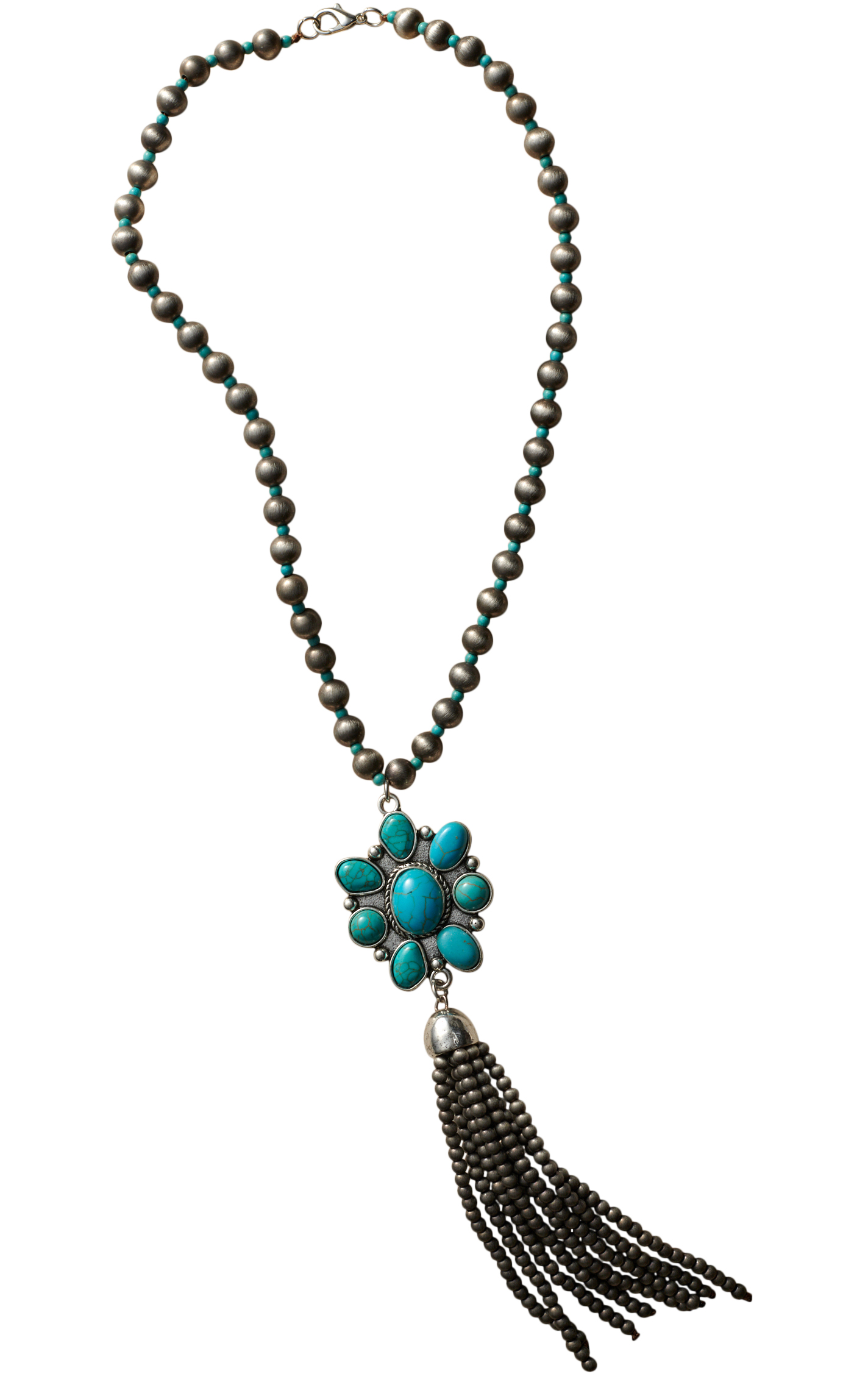 Southern Grace Silver & Turquoise Stone Concho Tasseled Necklace - Image 1