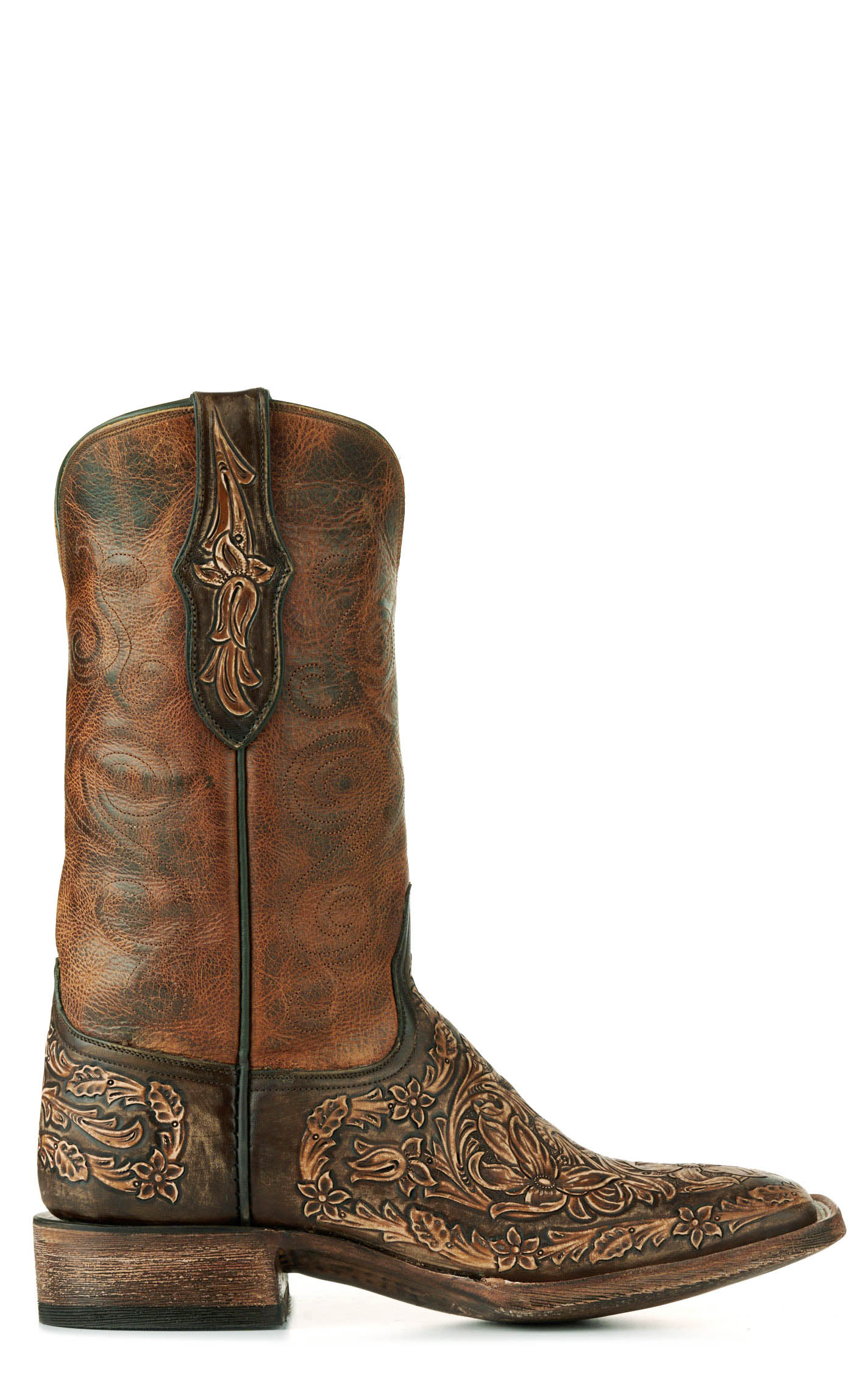 Black Jack Men's Brandy and Antique Brown Hand Tooled Wide Square Toe Cowboy Boots - Image 1