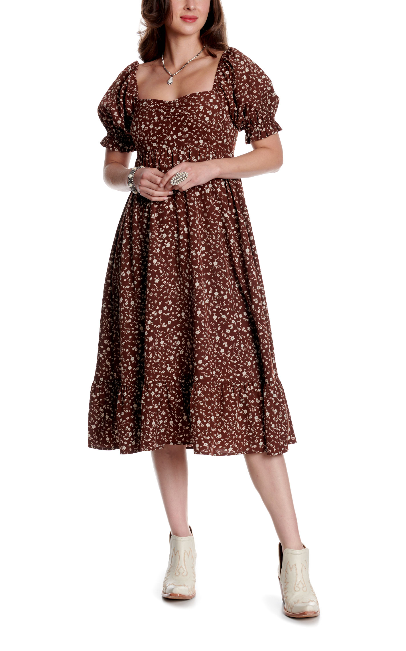 Yura Women's Chocolate & Cream Floral Print Midi Dress - Image 1