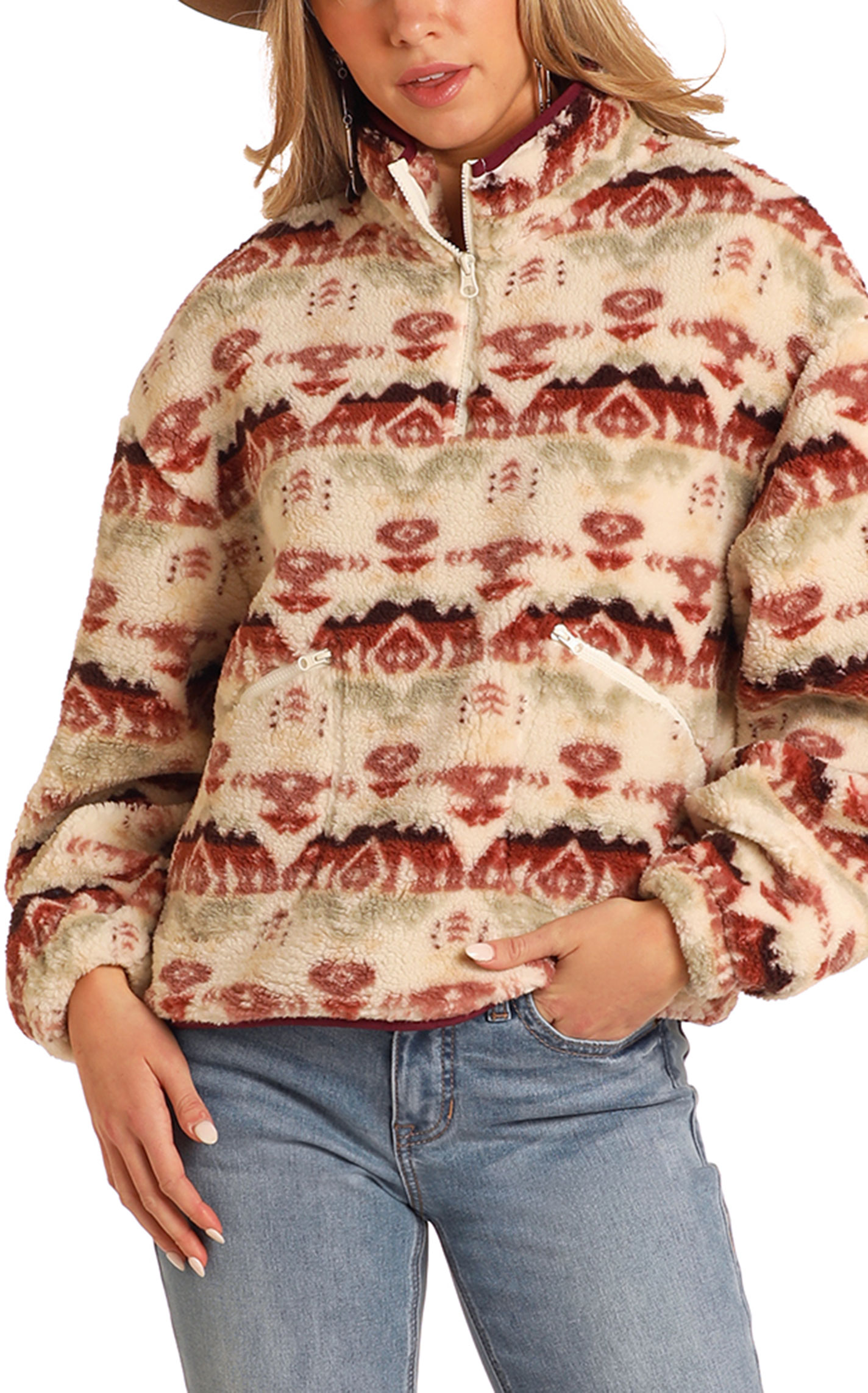 Rock & Roll Denim Women's Shades of Wine Aztec Print Sherpa Pullover - Image 1