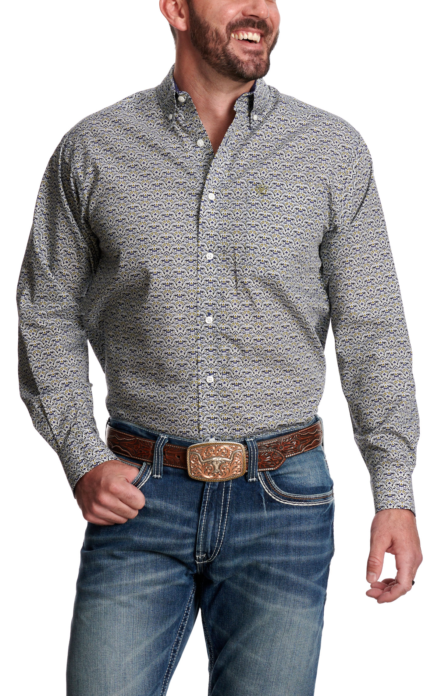 Ariat Men's Iver Navy & Olive Floral Print Western Shirt - Image 1