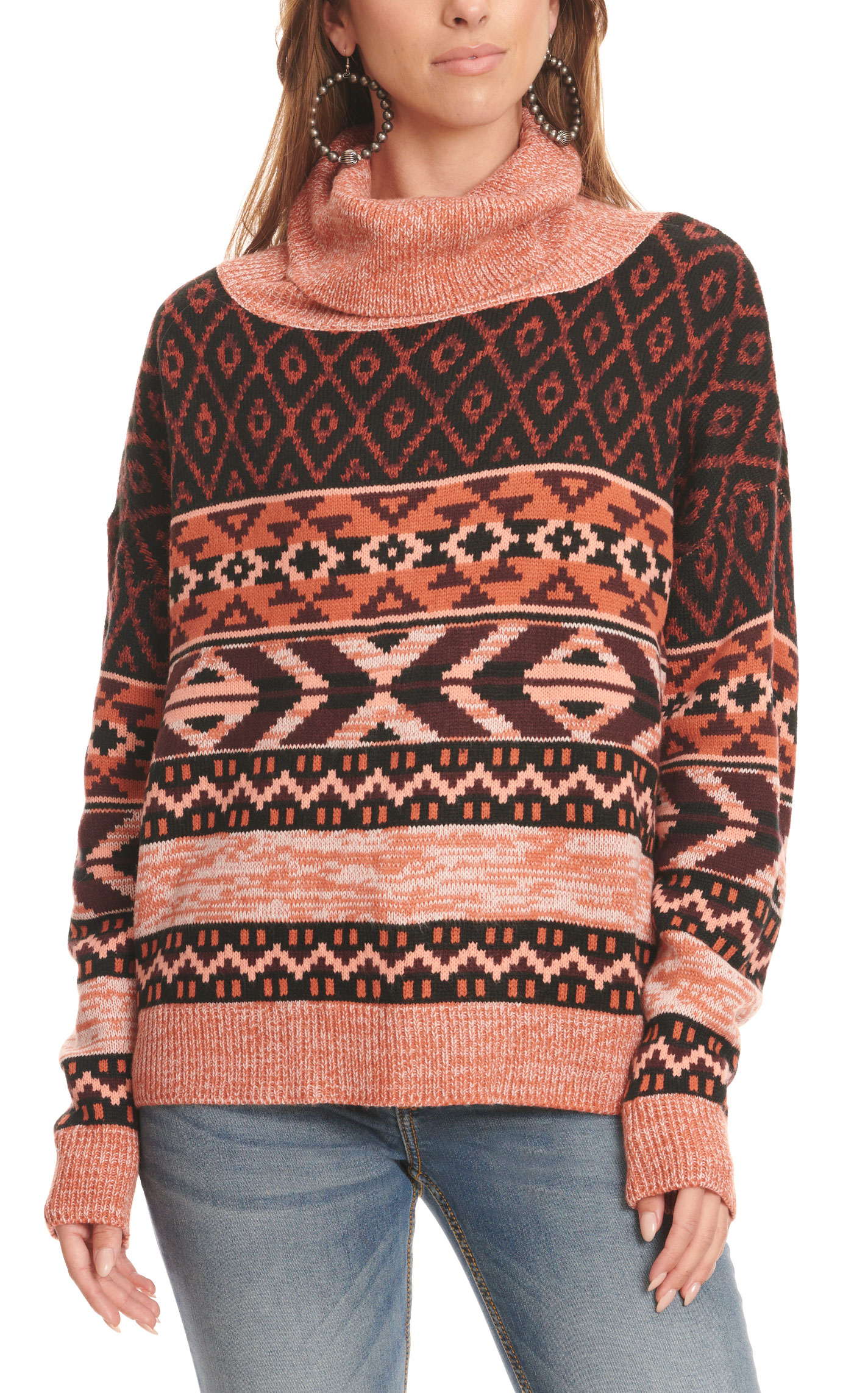 Wrangler Retro Women's Black & Tangerine Aztec Print Turtleneck Sweater - Image 1