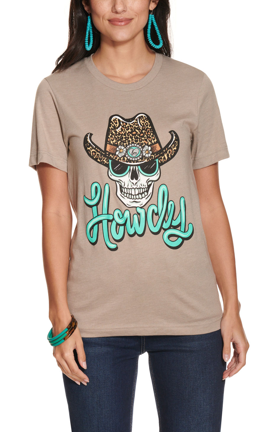 LuLu Mac Women's Taupe with Skull Howdy Graphic Front Short Sleeve T-Shirt - Image 1