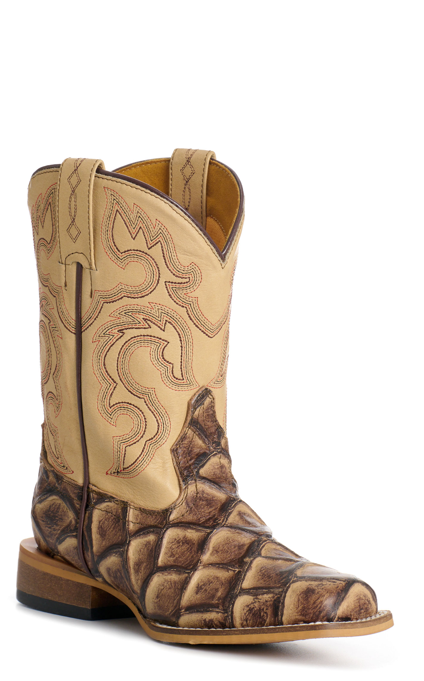 Cavender's Kid's Sand & Natural Pirarucu Print Wide Square Toe Cowboy Boots - Image 1