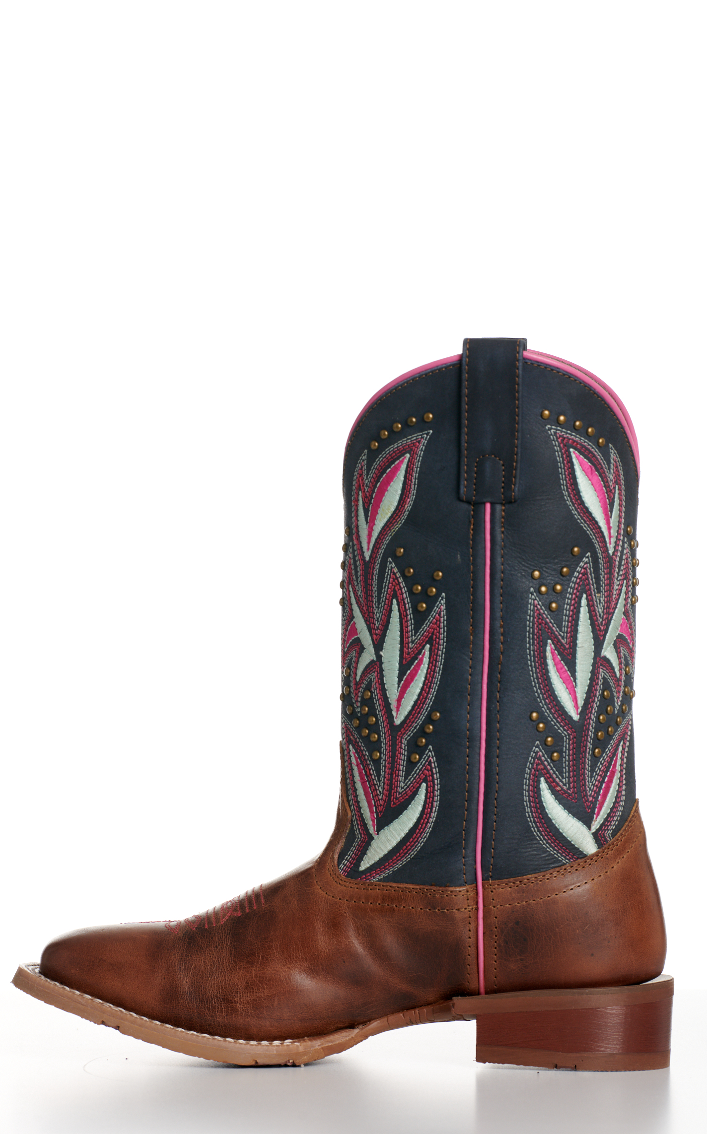 Laredo Women’s Lydia Tan and Blue with Studs Wide Square Toe Cowboy Boots - Image 1