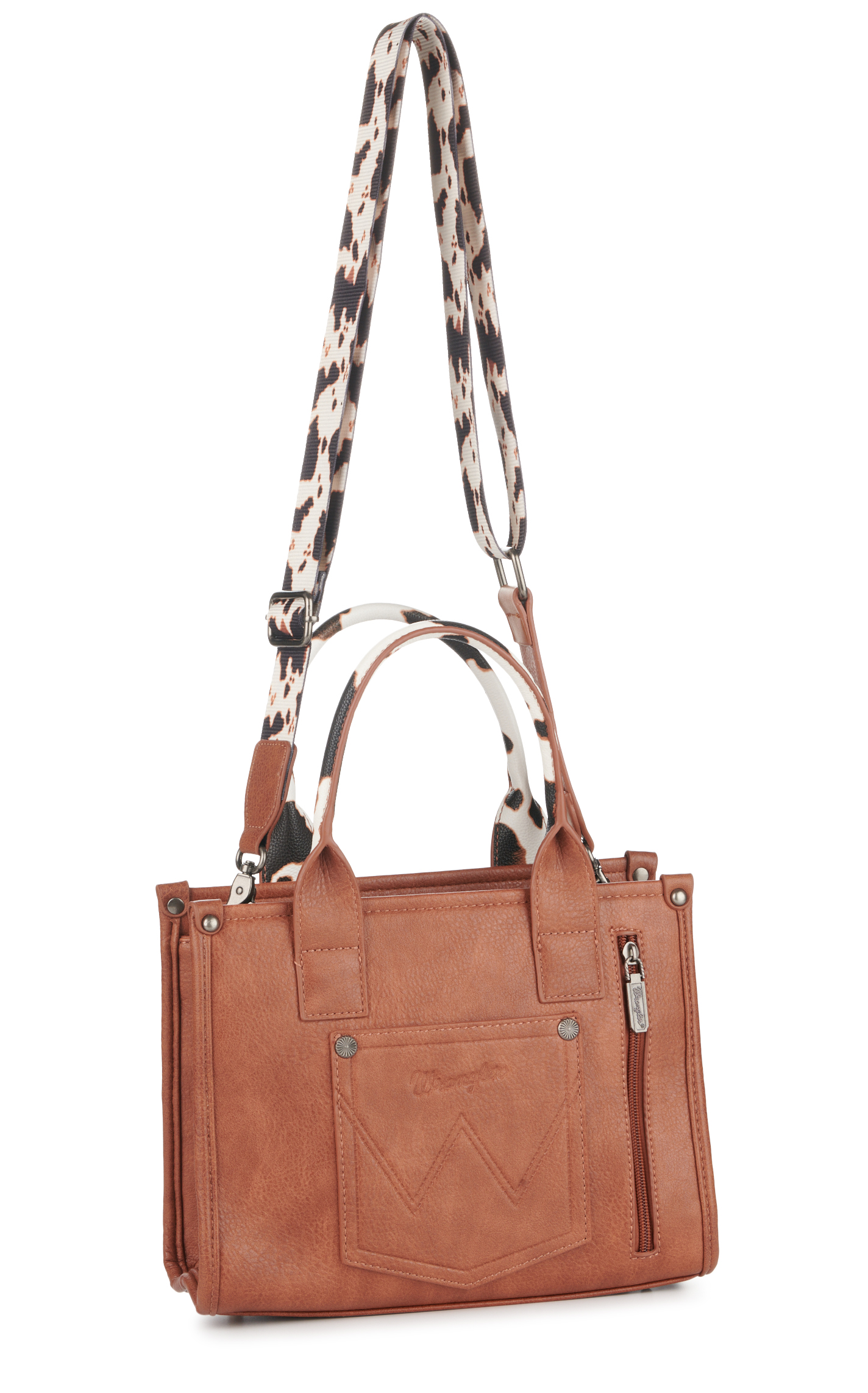 Wrangler Brown Black & White Leather Cow Print Medium Tote Handbag - Image 1