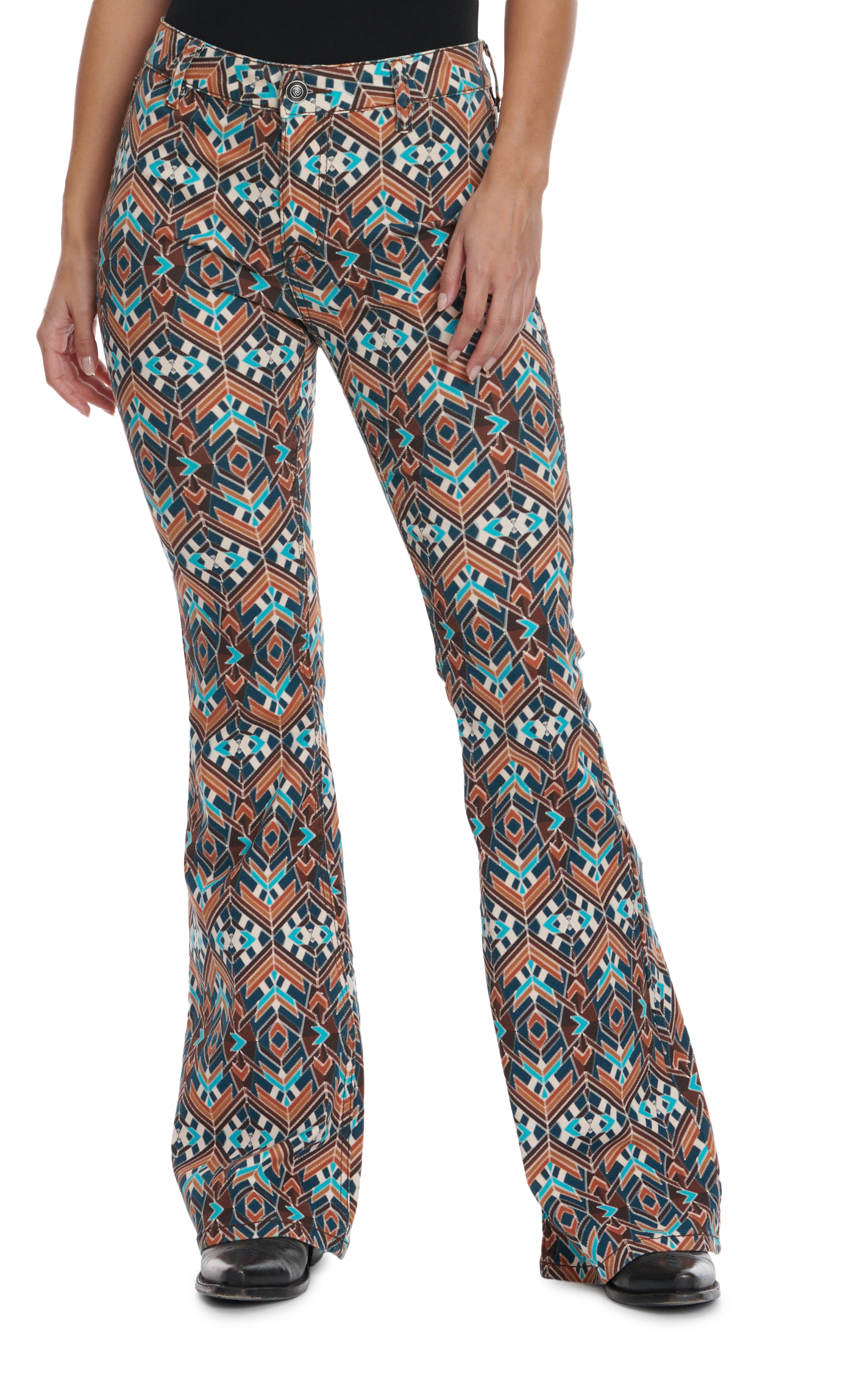 Rock & Roll Denim Women's Brown and Turquoise Geo Print High Rise Flare Leg Jeans - Cavender's Exclusive - Image 1