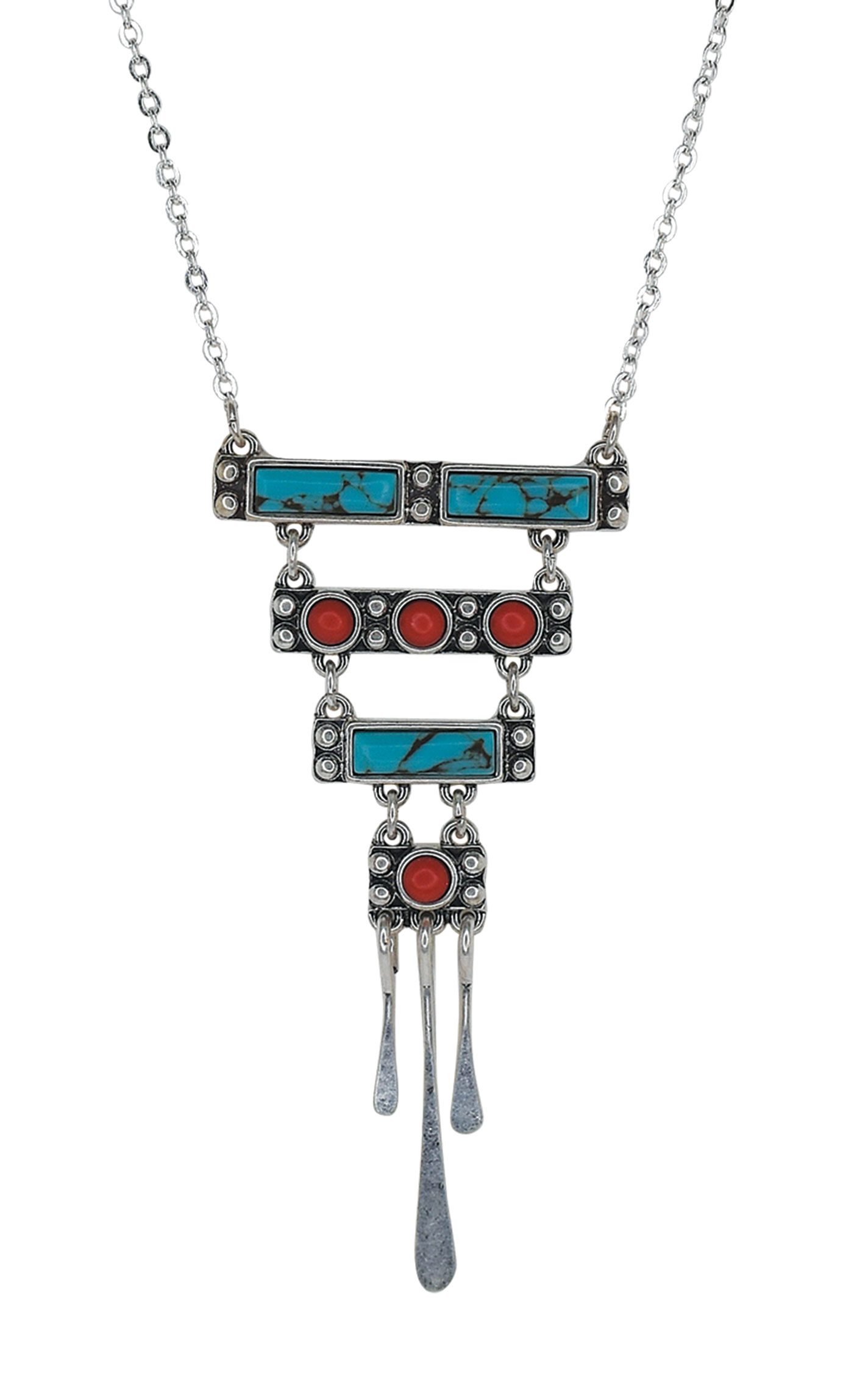 Justin Silver Turquoise & Red Chandelier Necklace - Image 1