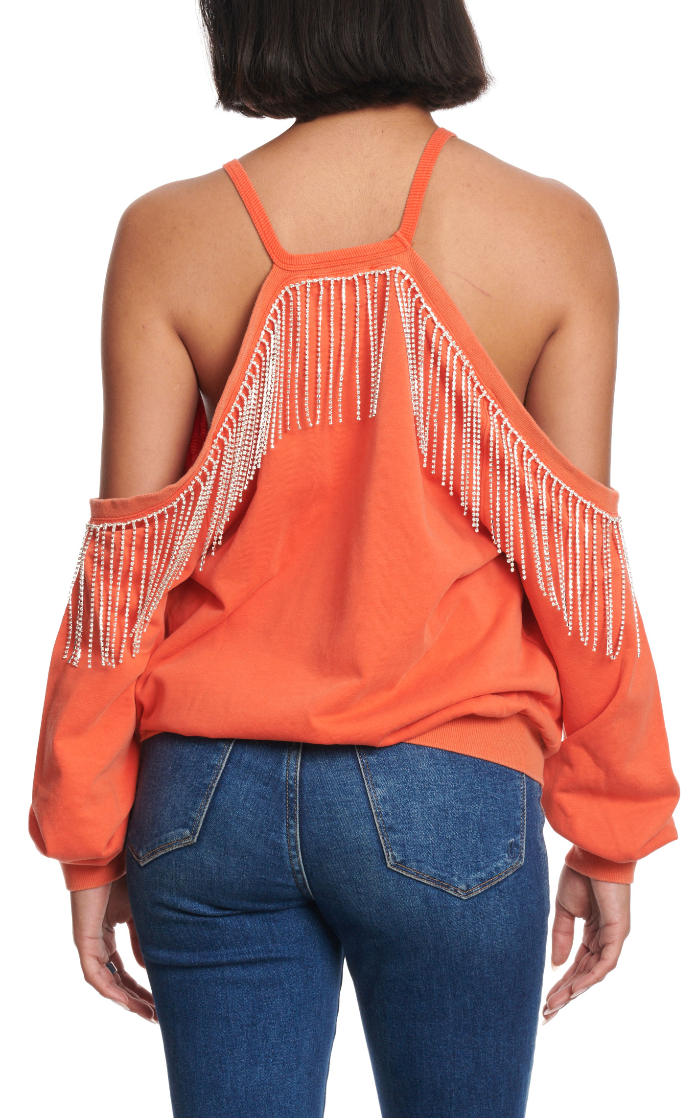 Blue B Women's Tangerine Cold Shoulder Rhinestone Fringed Pullover - Image 1