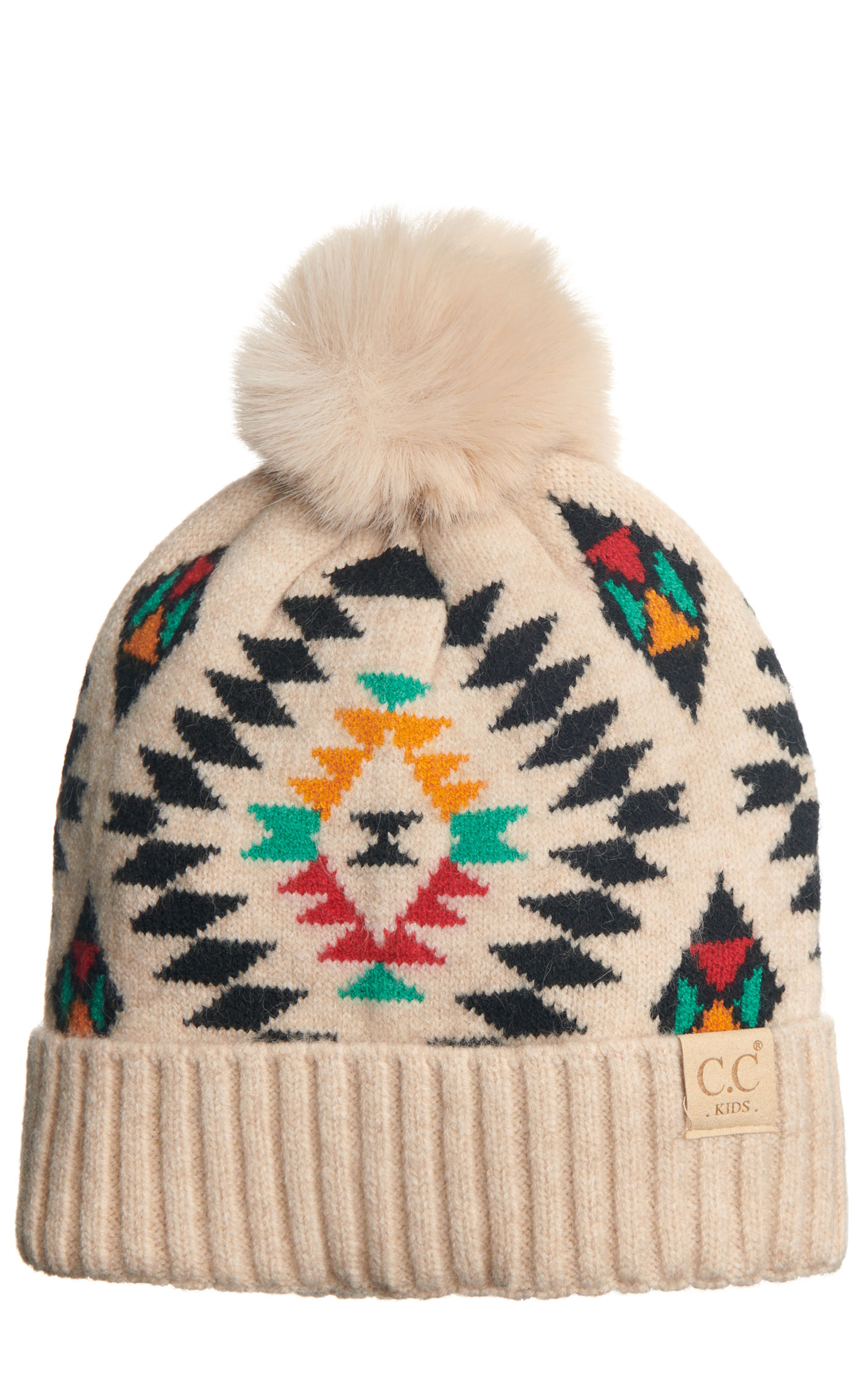 C.C. Kids Creamy Latte & Colorful Aztec Fluffy PomPom Beanie - Image 1