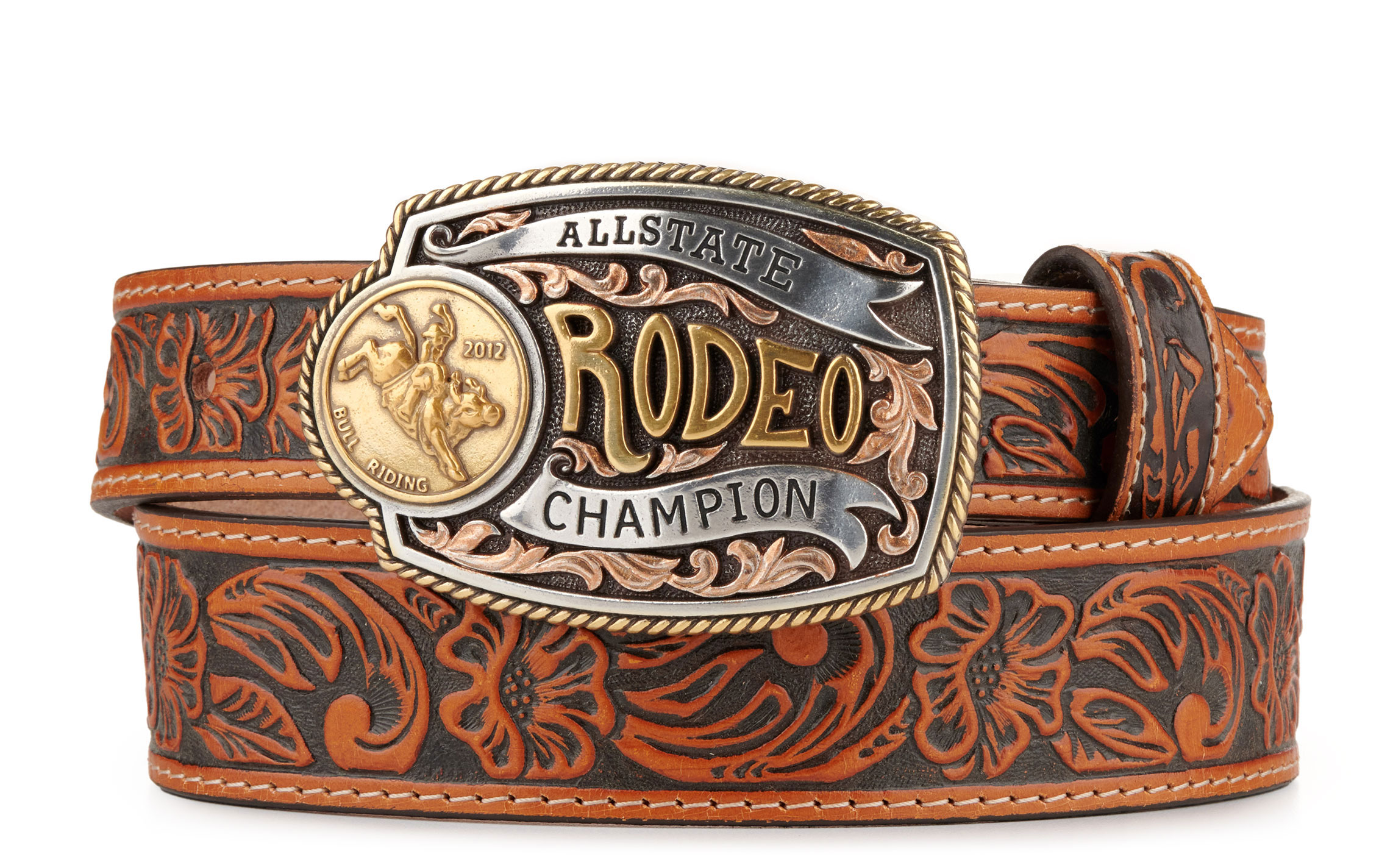 Tony Lama Kids' Brown with Rodeo Champion Buckle Tooled Belt - Image 1