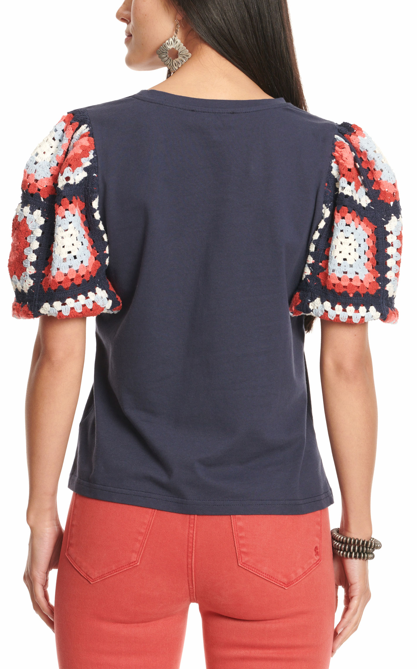 Rockin' C Women's Navy with Red and White Crochet Sleeve Top - Image 1