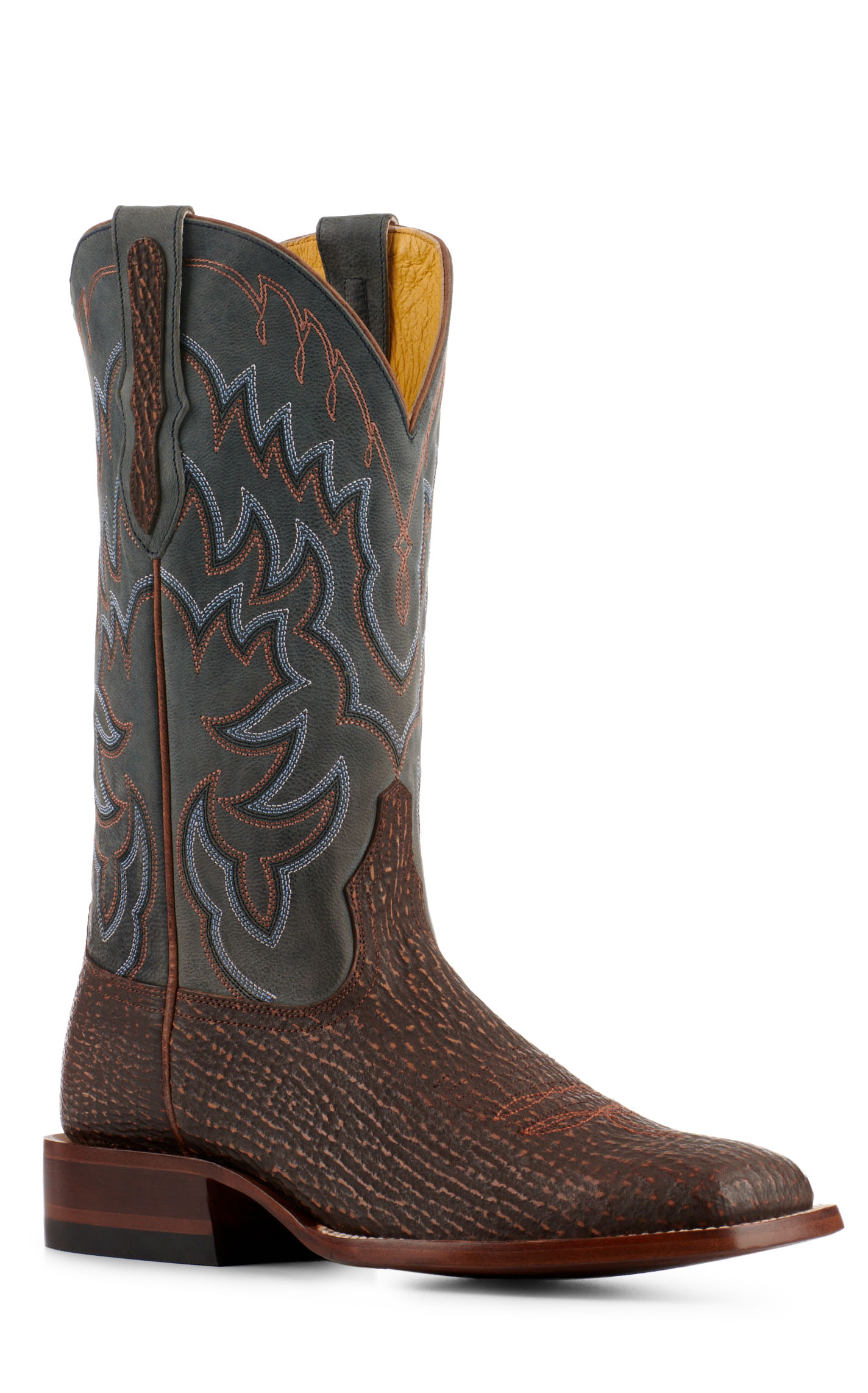 Cavender’s Men’s Rustic Brown Shark and Blue Goat Wide Square Toe Cowboy Boots - Image 1