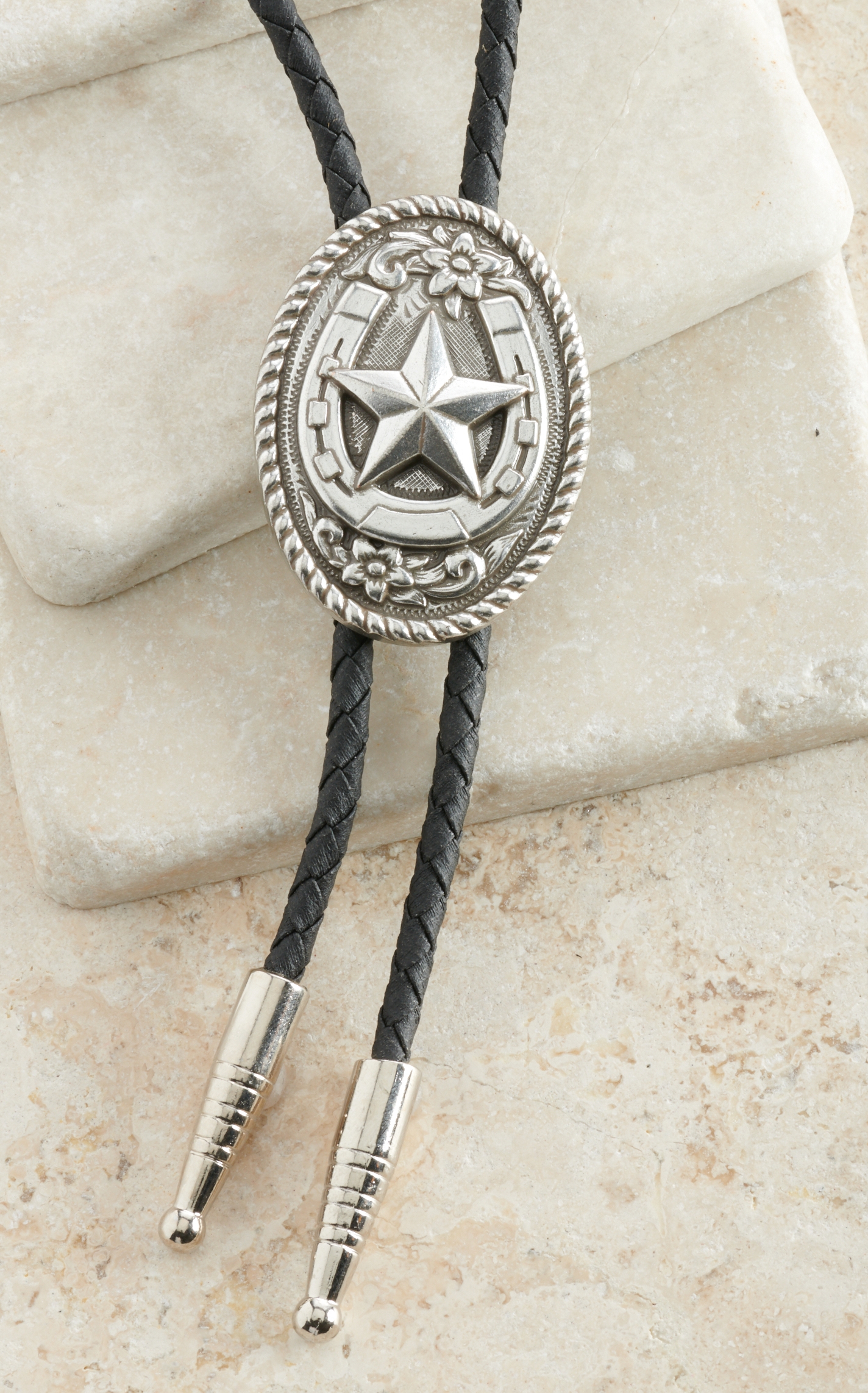 M&F Western Silver Oval with Horseshoe & Star Bolo Tie - Image 1