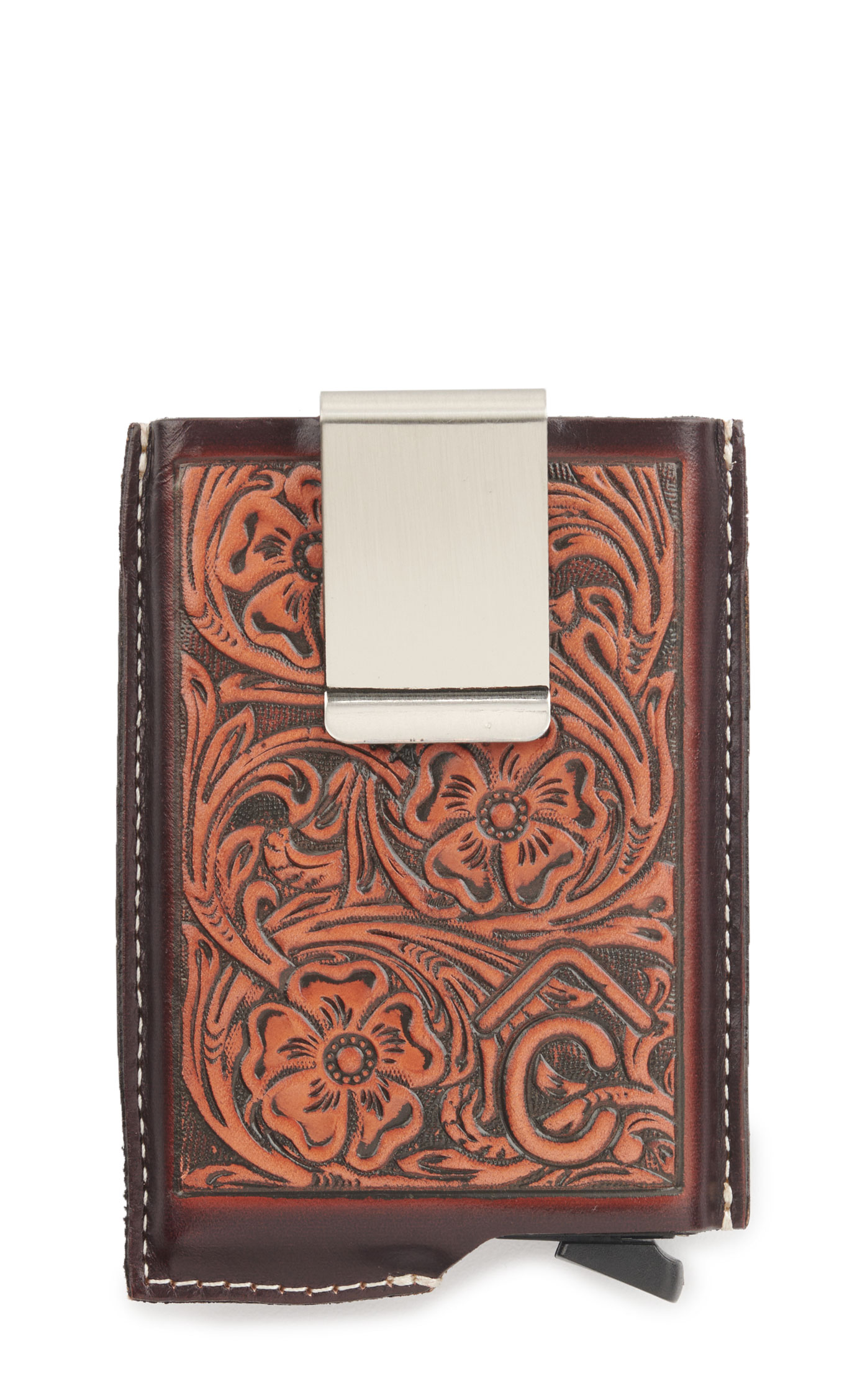Rafter C Men’s Brown Tooled Grain Leather Money Clip Wallet  - Image 1
