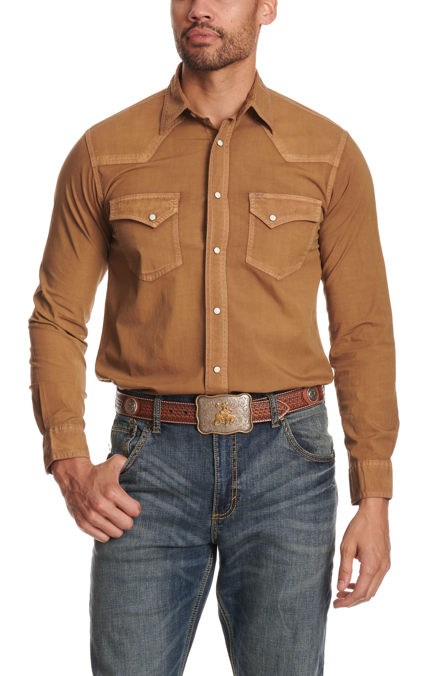 Rafter C Men's Solid Caramel Brown Stretch Western Shirt - Image 1