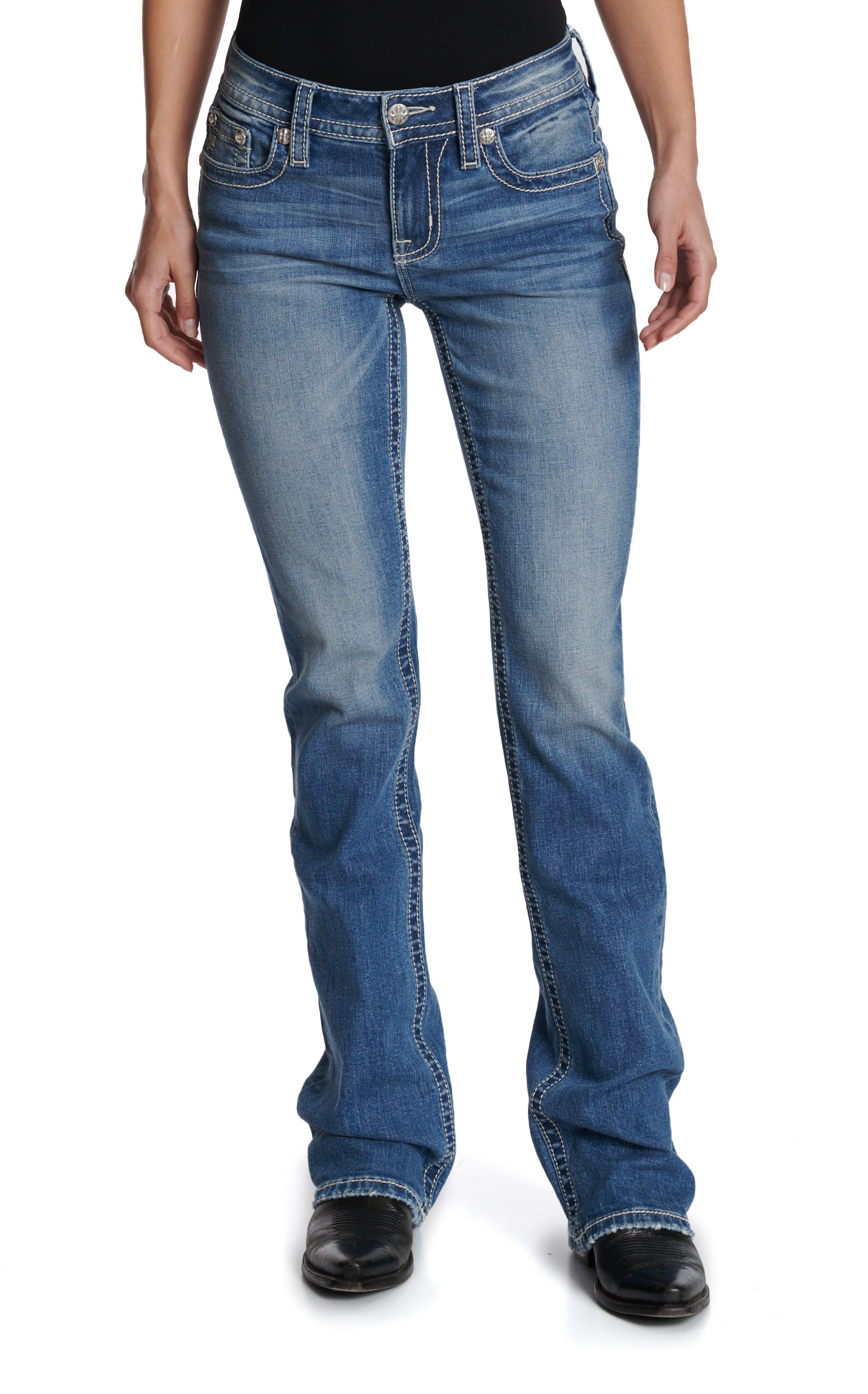 Miss Me Women’s Medium Wash Wing Pocket 34” Bootcut Jeans - Image 1