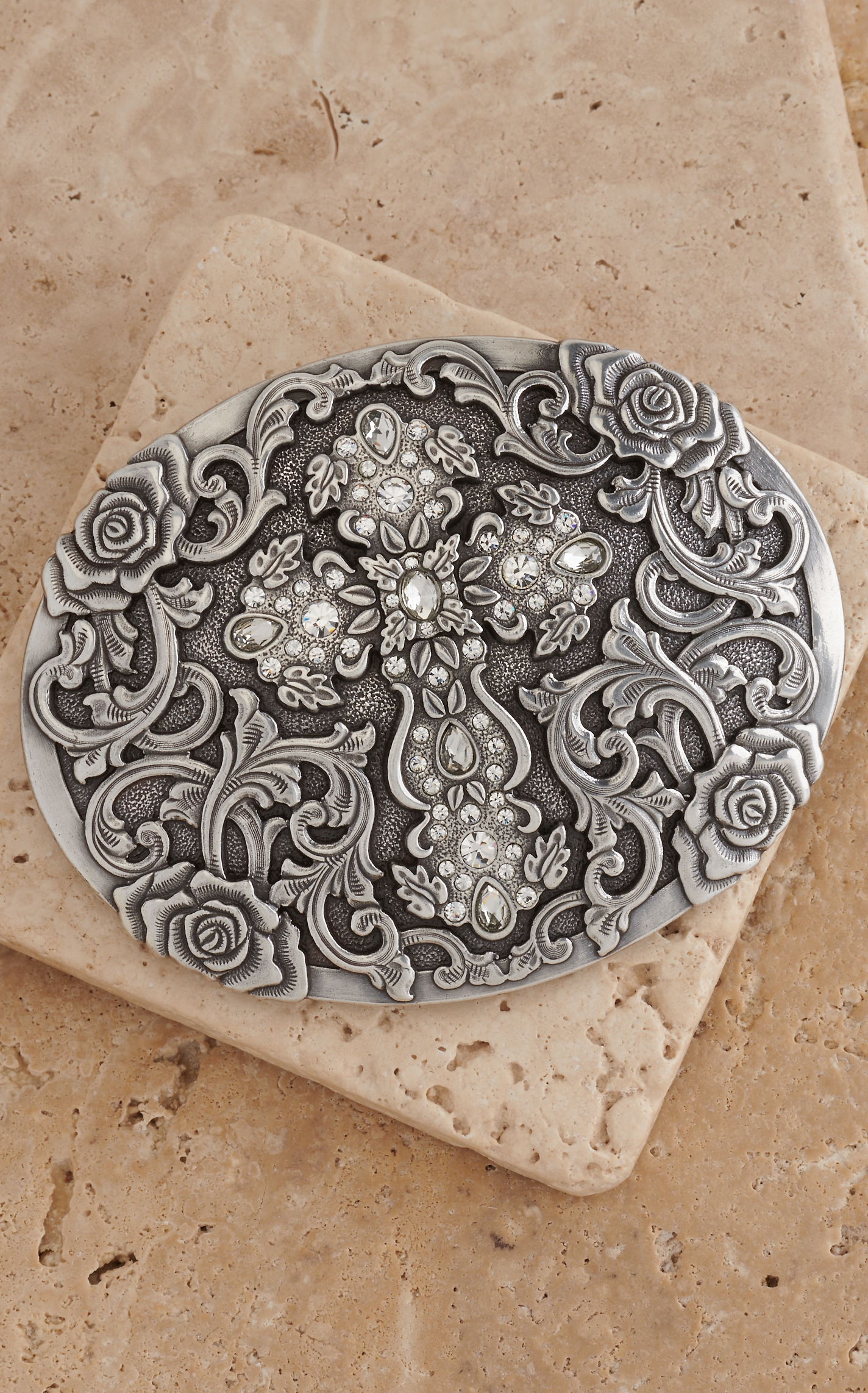 Nocona Antiqued Silver Cross & Rose Filigree with Rhinestones Oval Belt Buckle - Image 1