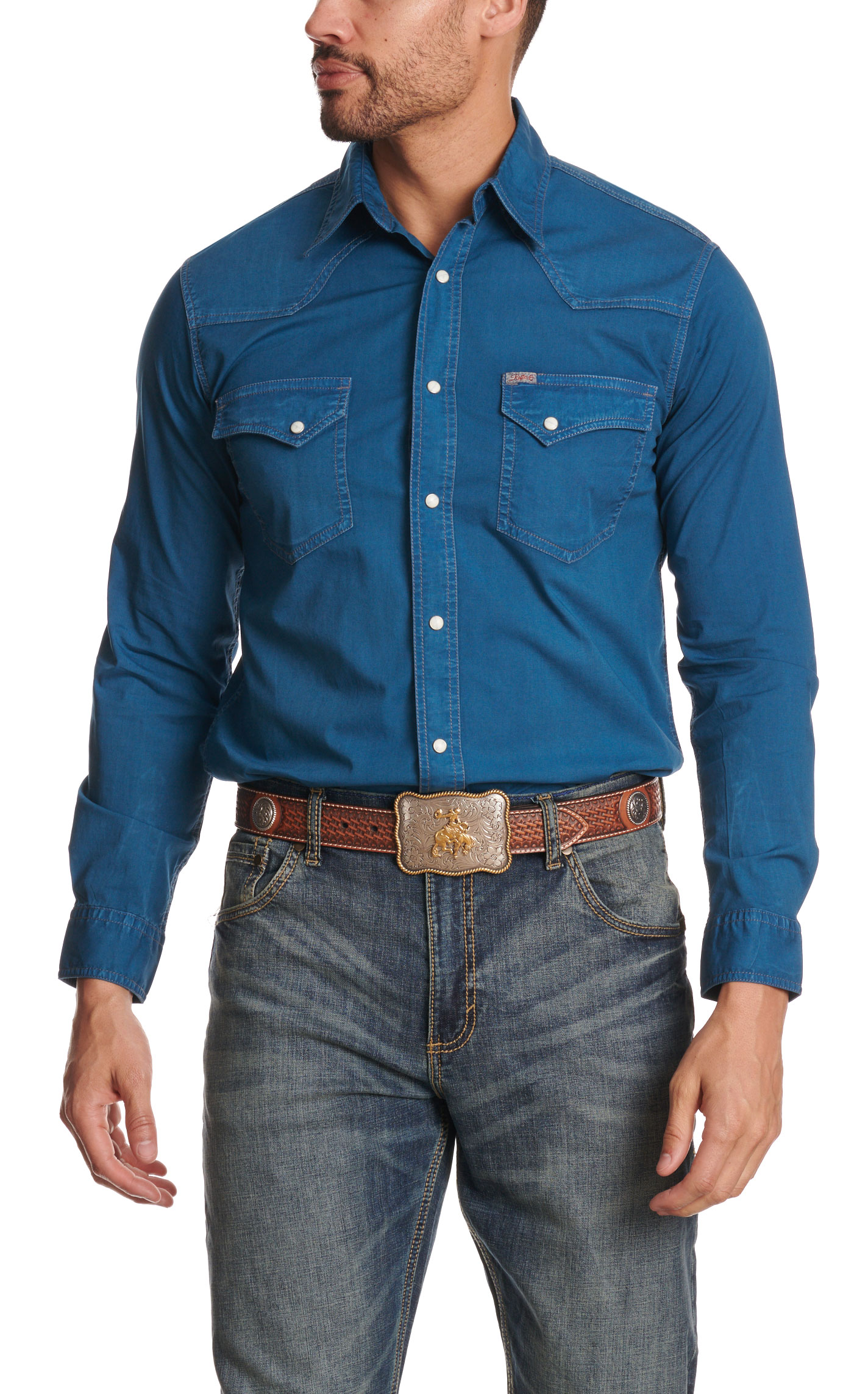 Rafter C Men's Solid Blue Stretch Western Shirt - Image 1