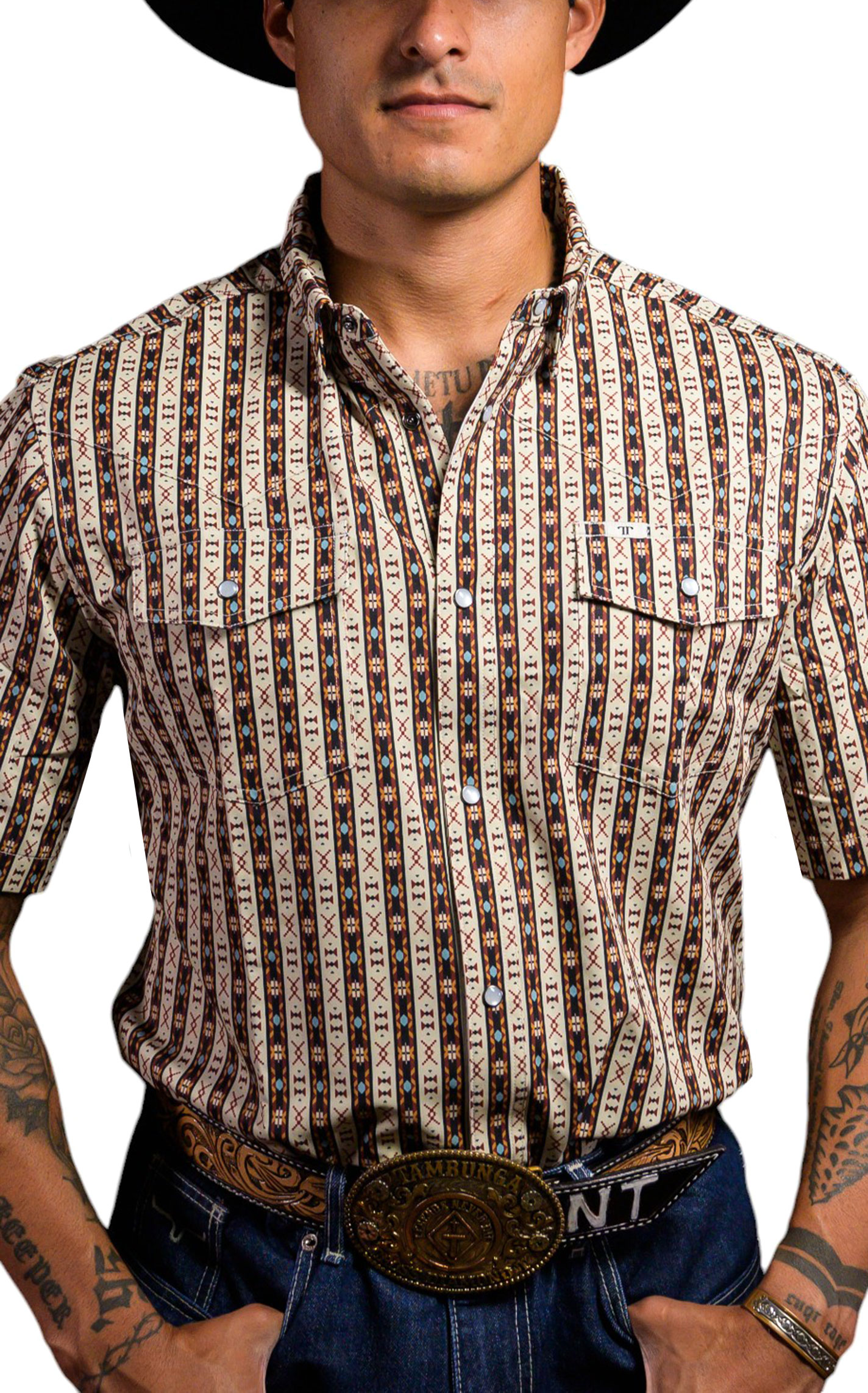 Ferrell Men's Cream & Coffee Aztec Striped Western Shirt - Image 2