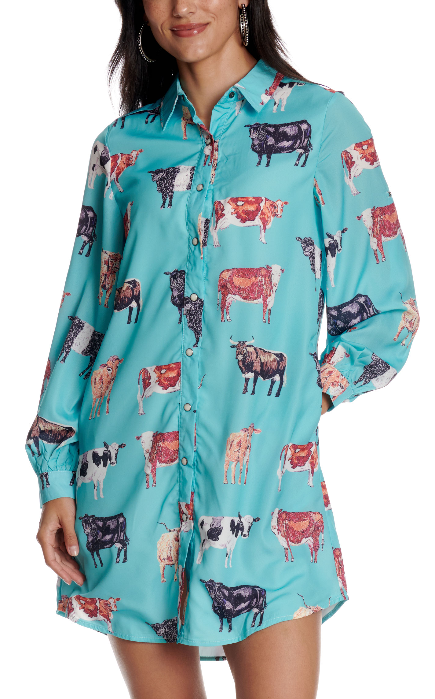 Fashion Express Women's Button Down Cow Print Shirt Dress  - Image 1