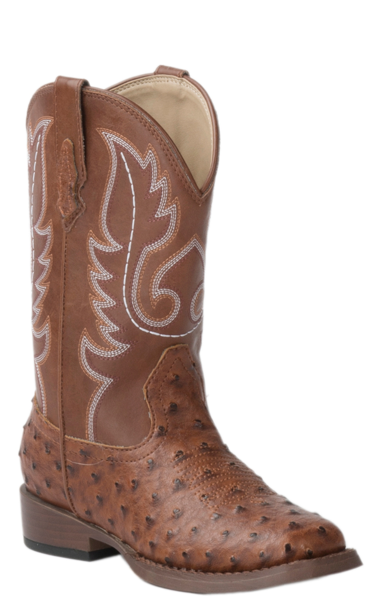 Roper Kids Brown Ostrich Print Square Toe Cowboy Boots - Image 1