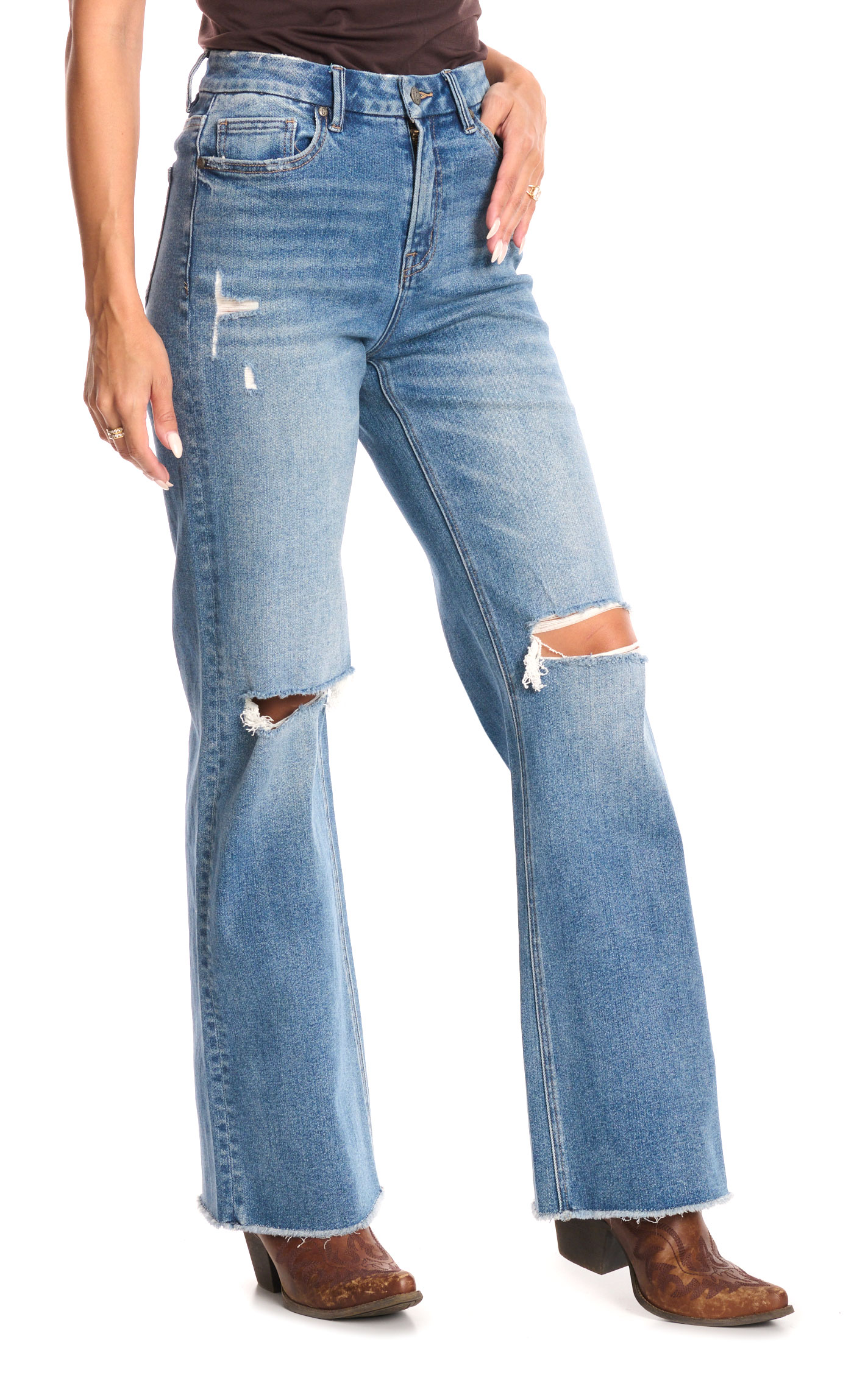 Rockin C Women's Medium Wash Distressed Wide Leg Jeans - Image 1