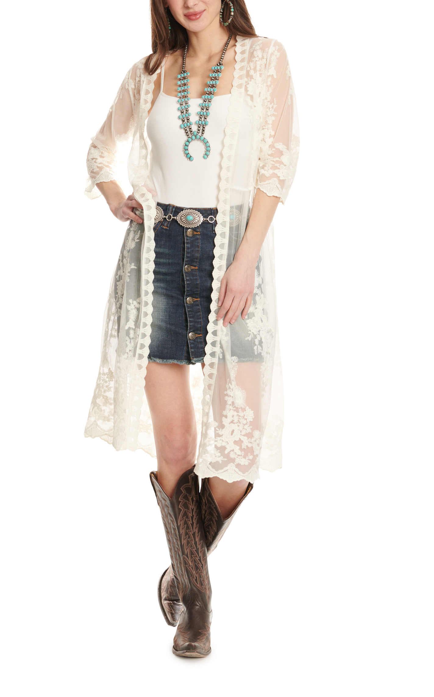 Rockin' C Women's White Lace Duster Kimono - Image 1