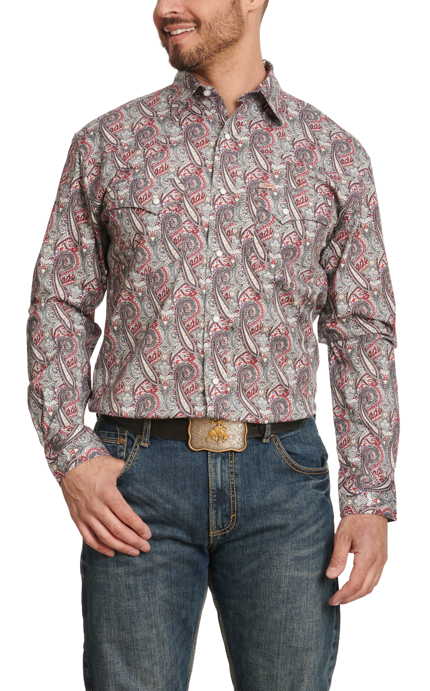 Rafter C Men's ProFlex45 Red & Gray Paisley Long Sleeve Western Shirt - Image 1