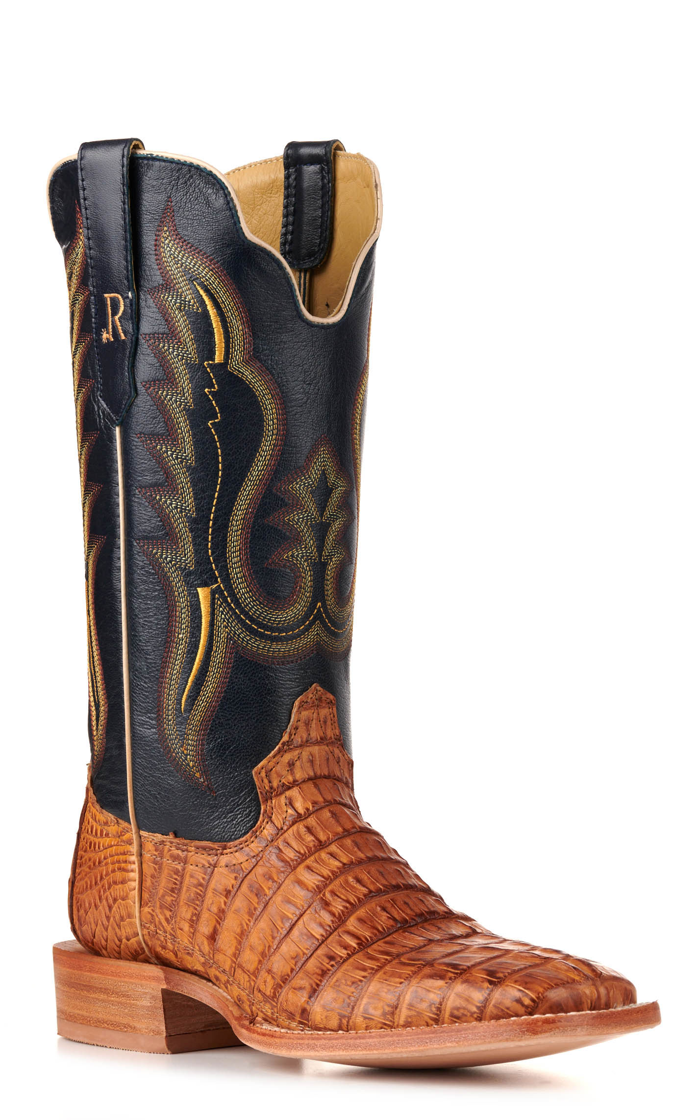 R. Watson Men's Saddle Hornback Caiman Tail and Navy Wide Square Toe Exotic Cowboy Boots - Image 1