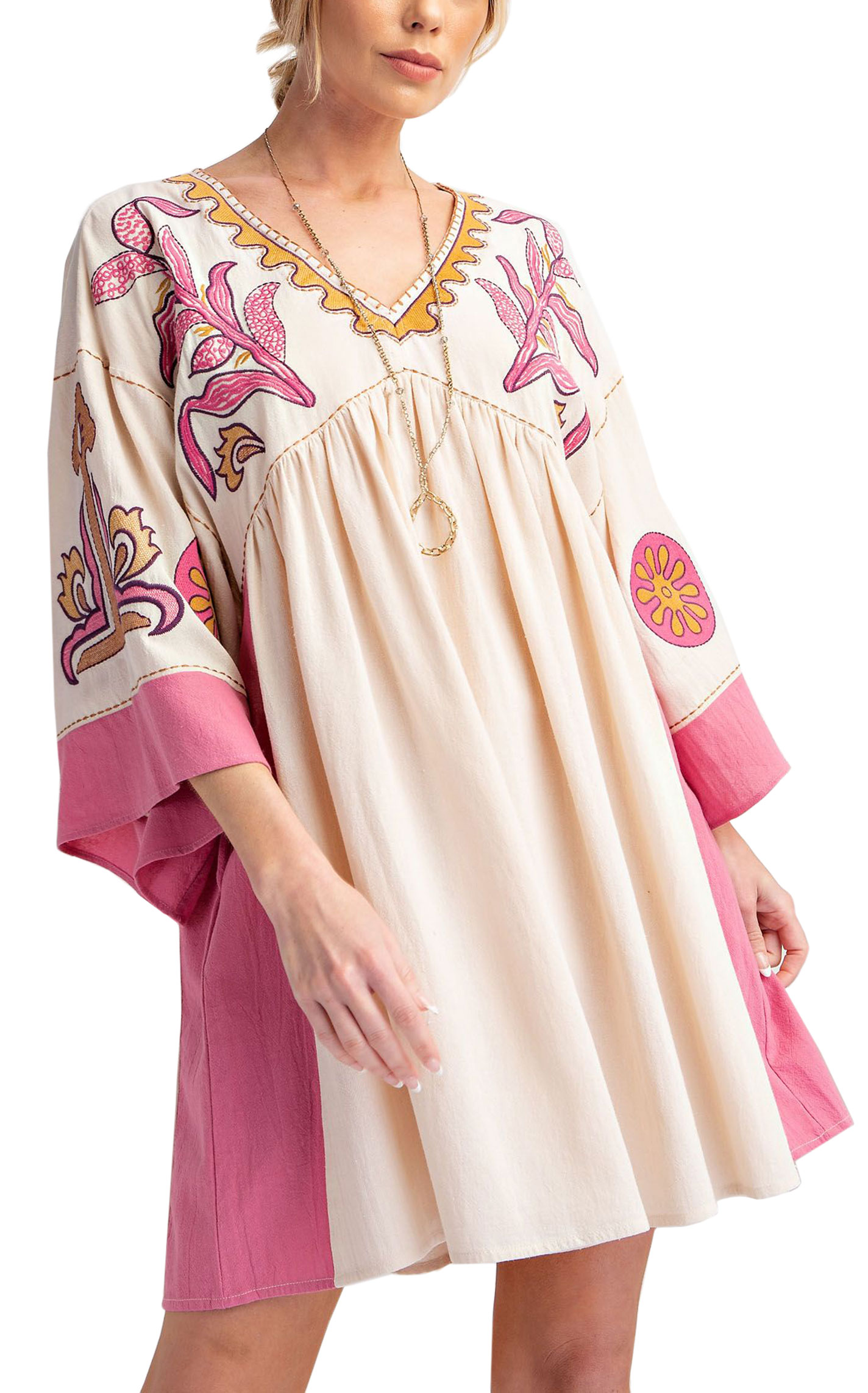 EASEL Women's Cream & Rose Embroidered Dress - Image 1