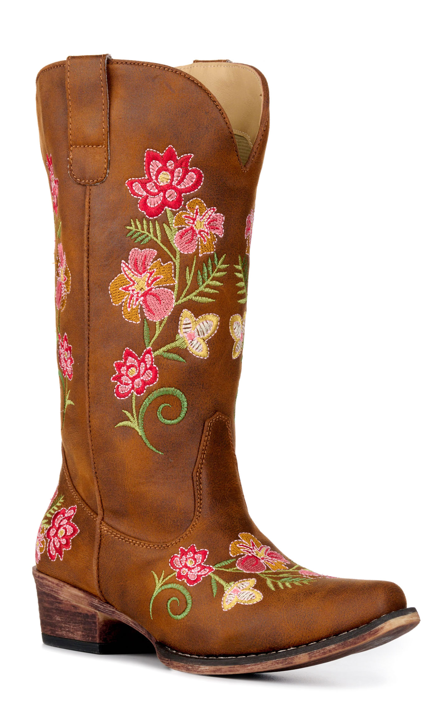 Roper Women’s Riley Brown with Floral Embroidery Faux Leather Snip Toe Cowboy Boots - Image 1