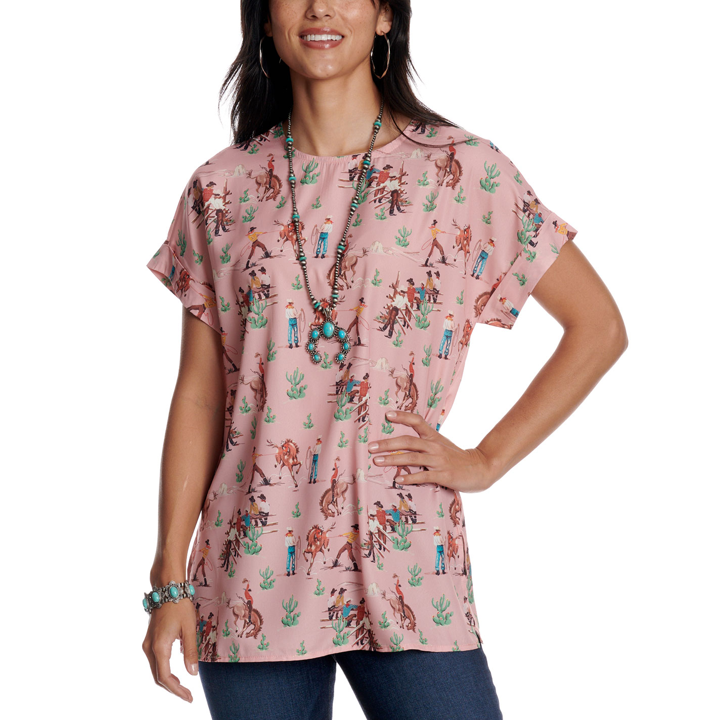 Fashion Express Women's Pink Western Print Top - Image 1