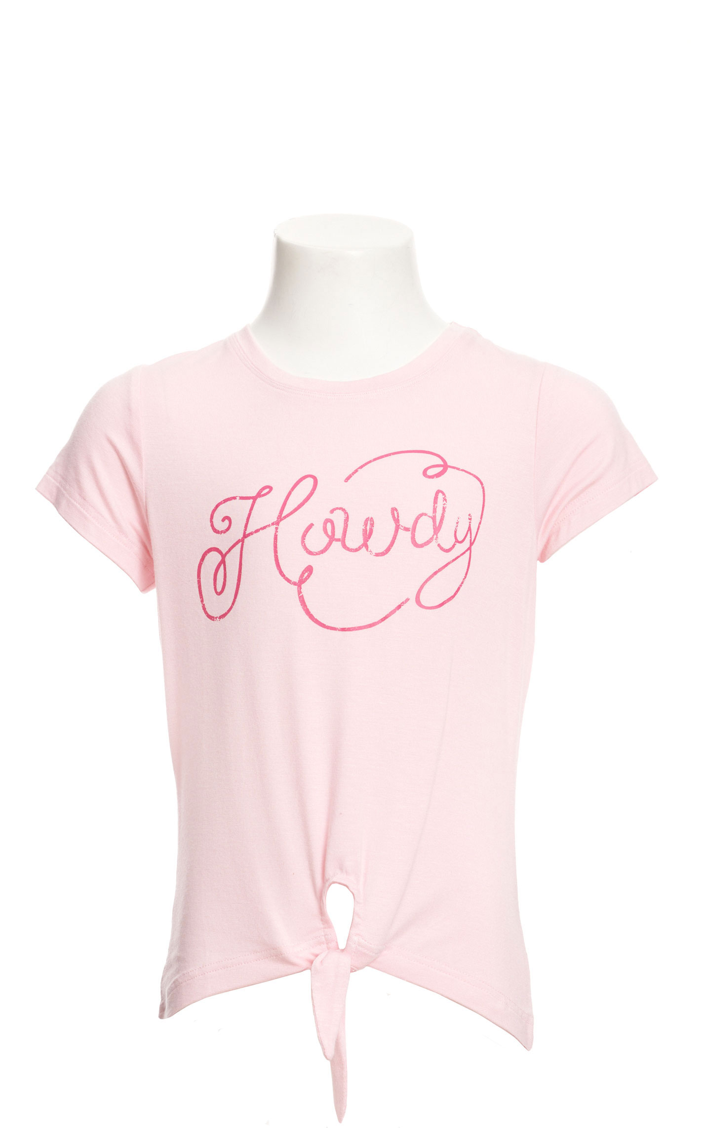 Rockin C Girl’s Light Pink Howdy Tied Front Short Sleeve T-Shirt - Image 1