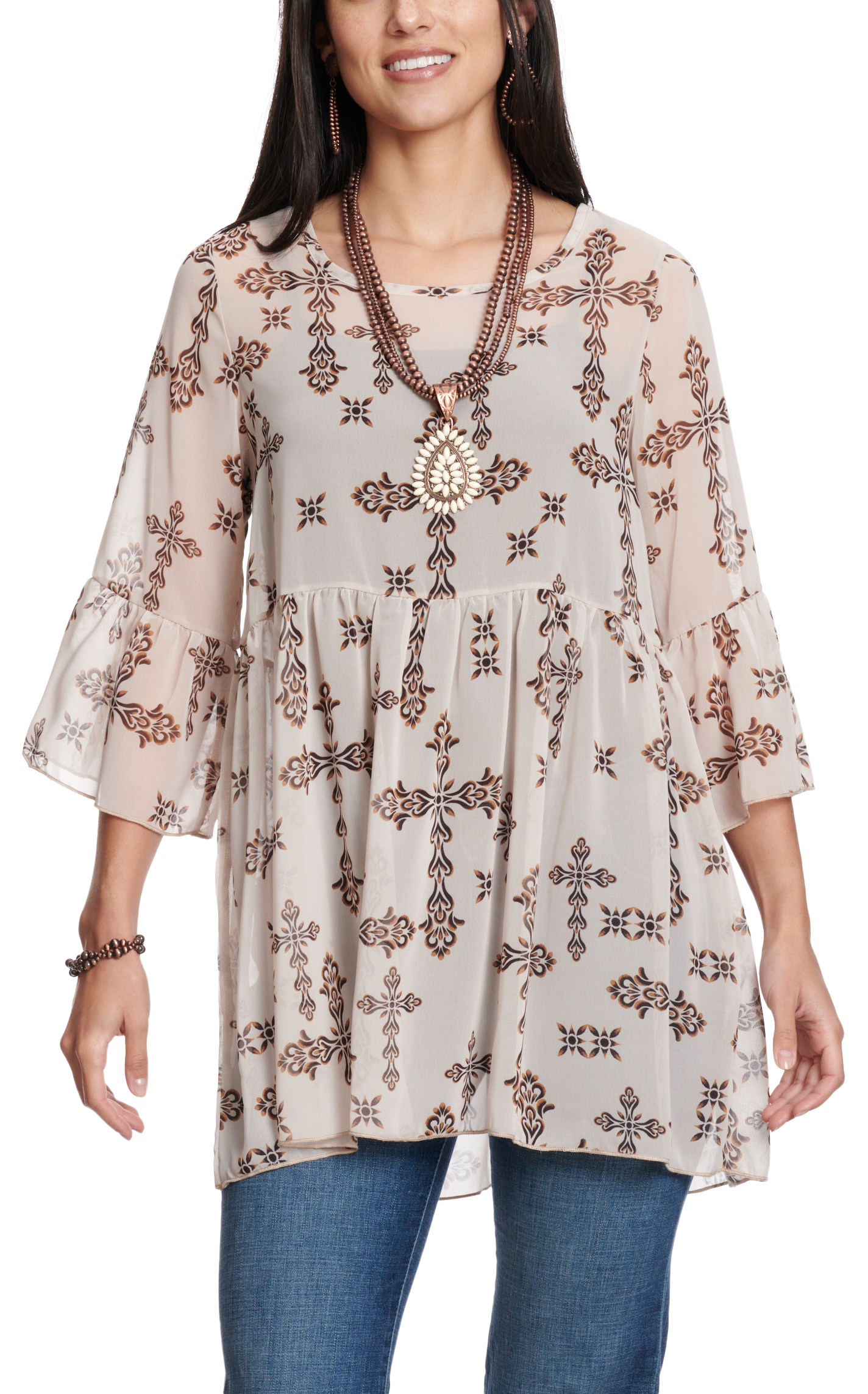 R.Rouge Women's Sand Black & Brown Cross Print Babydoll Top  - Image 1