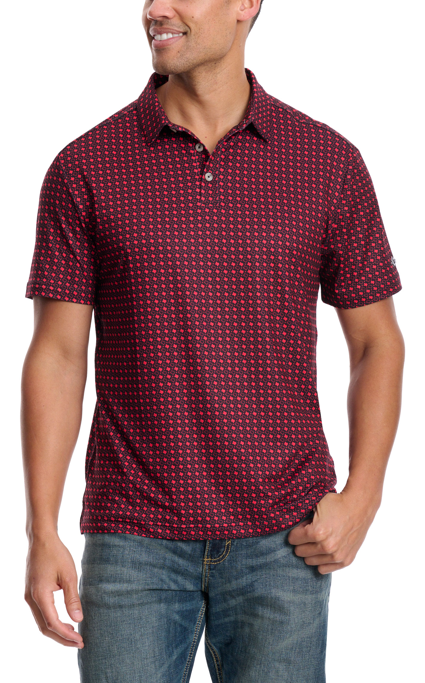 BURLEBO Men's Black & Red Texas Print Performance Polo - Image 1