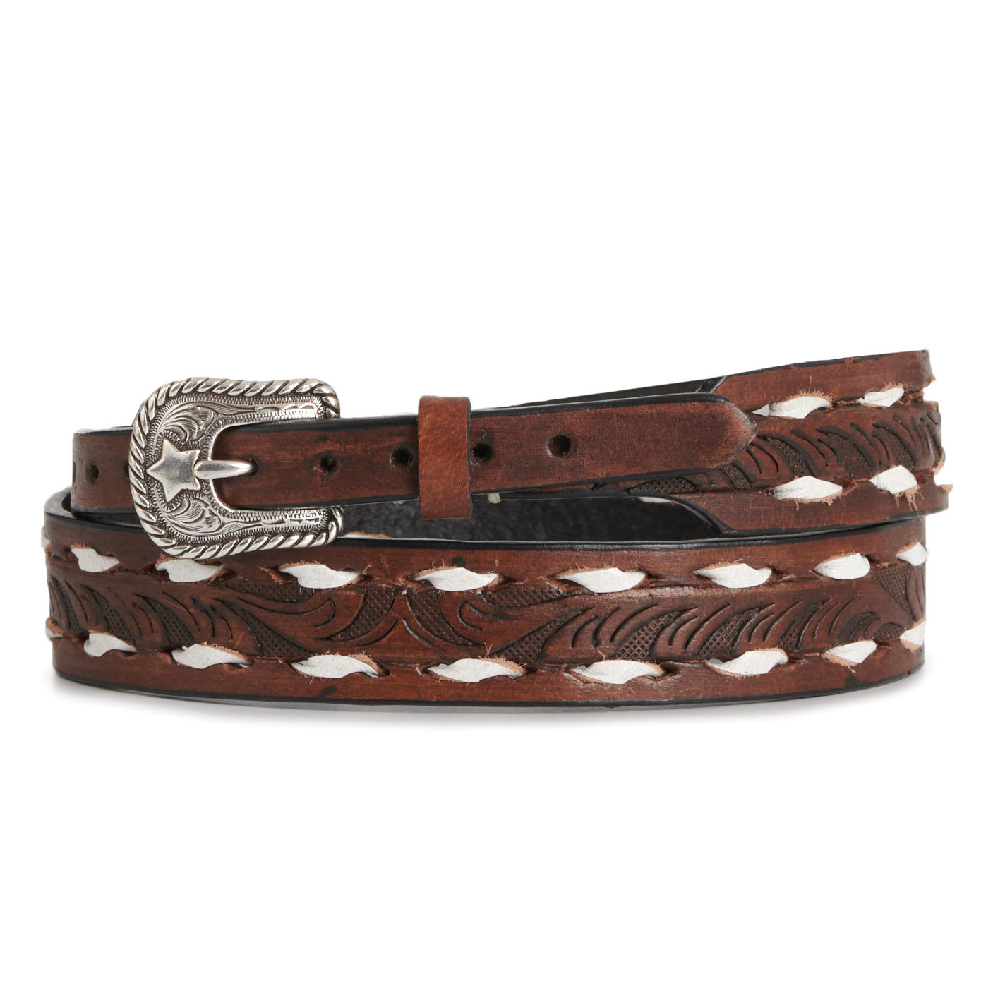 Twister Brown Scroll Tooled White Buckstitch Lace Silver Buckle Hatband - Image 1