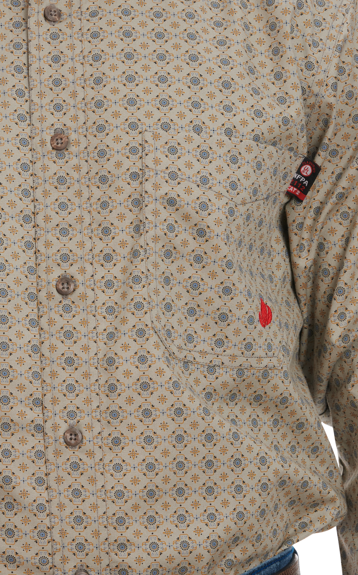 Forge Men's Gray Taupe Antique Gold & Blue Geo Print Long Sleeve FR Work Shirt - Image 2
