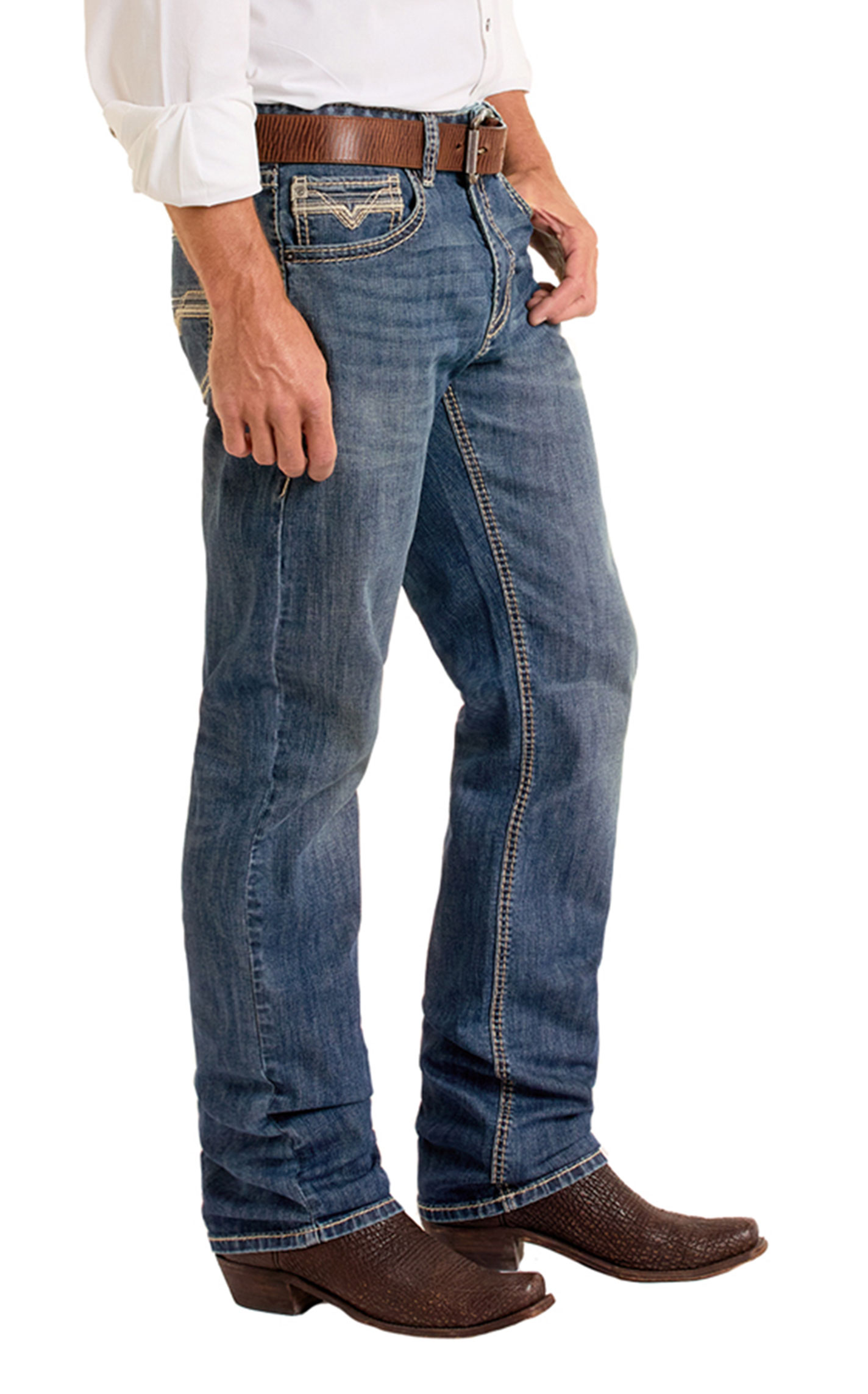 Rock & Roll Denim Men's Bravo Medium Wash Embroidered Pocket Boot Cut Jeans - Image 1