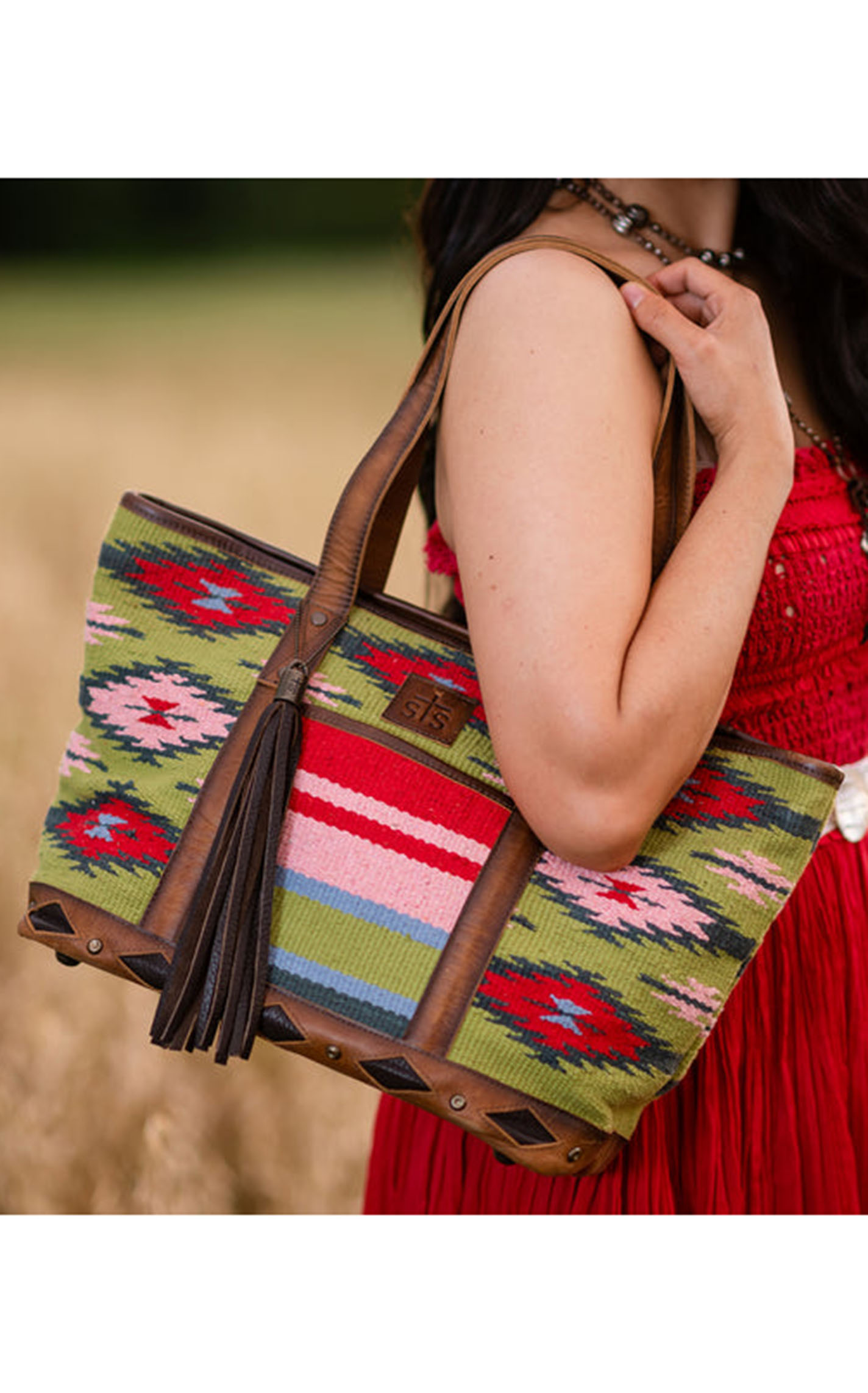 STS Ranchwear Green & Red Aztec Baja Dreams Large Tote Bag - Image 1