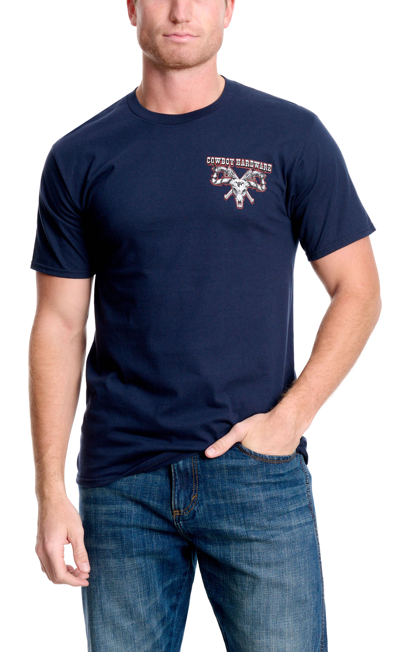 Cowboy Hardware Men's Navy Country Brave Logo Graphic T-Shirt - Image 1