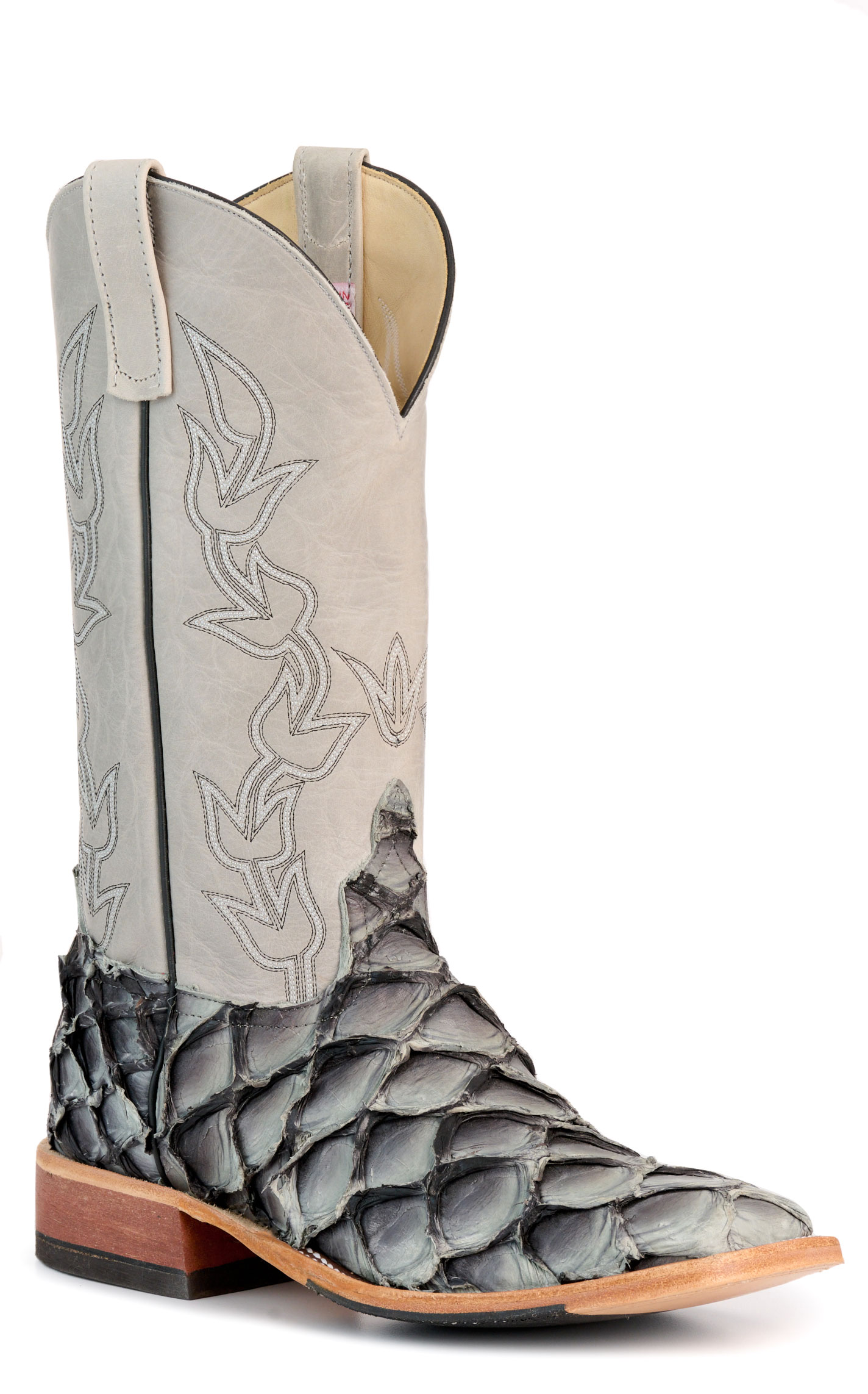 Anderson Bean Men's Gray Big Bass and Cream Black Hybrid Wide Square Toe Exotic Cowboy Boots - Image 1