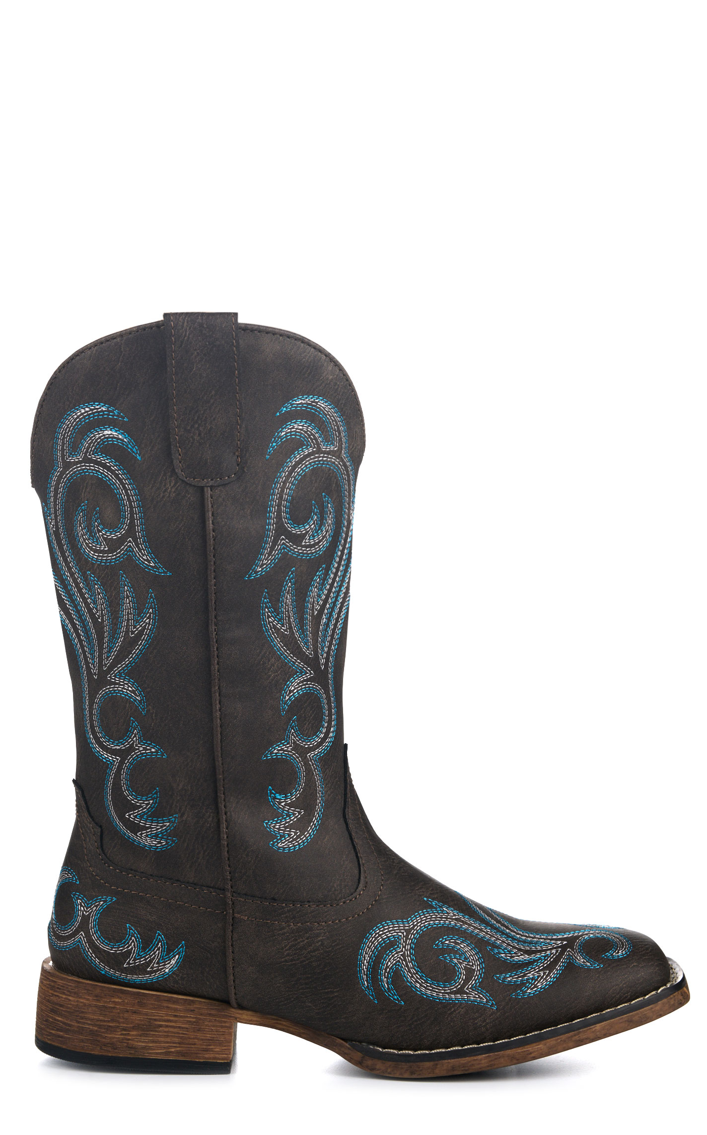 Roper Women’s Riley Brown with Blue Embroidery Faux Leather Wide Square Toe Cowboy Boots - Image 1