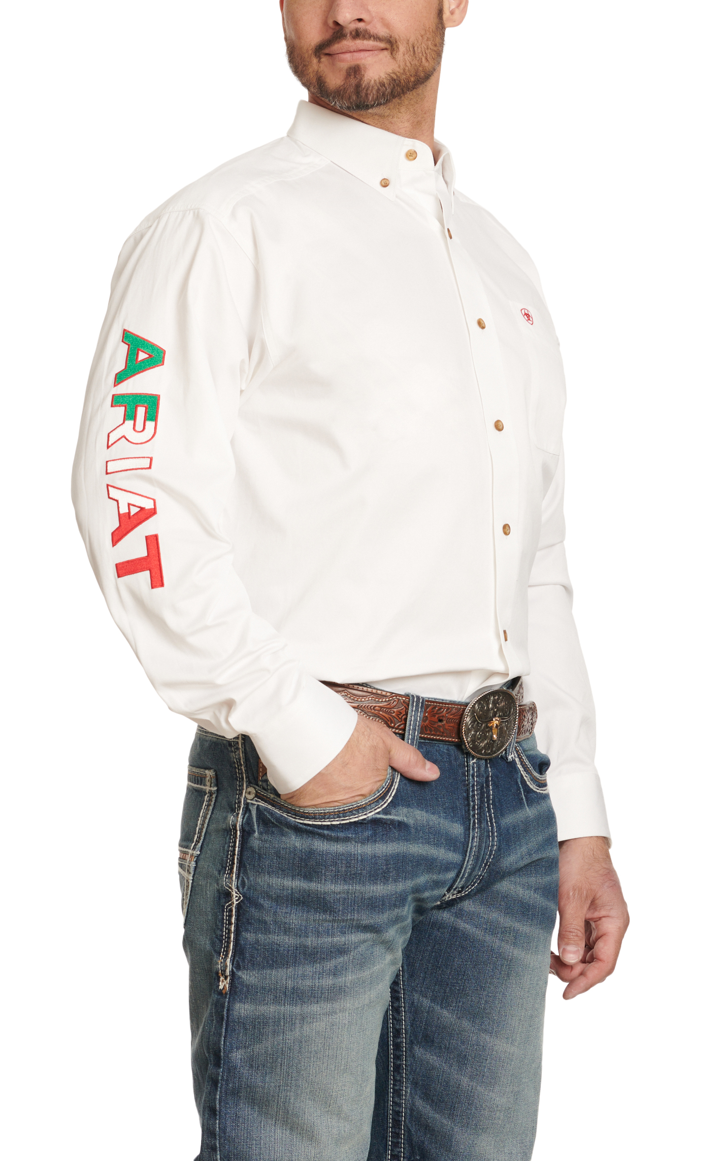 Ariat Men's Team White & Mexican Flag Sleeve Logo Western Shirt - Image 1