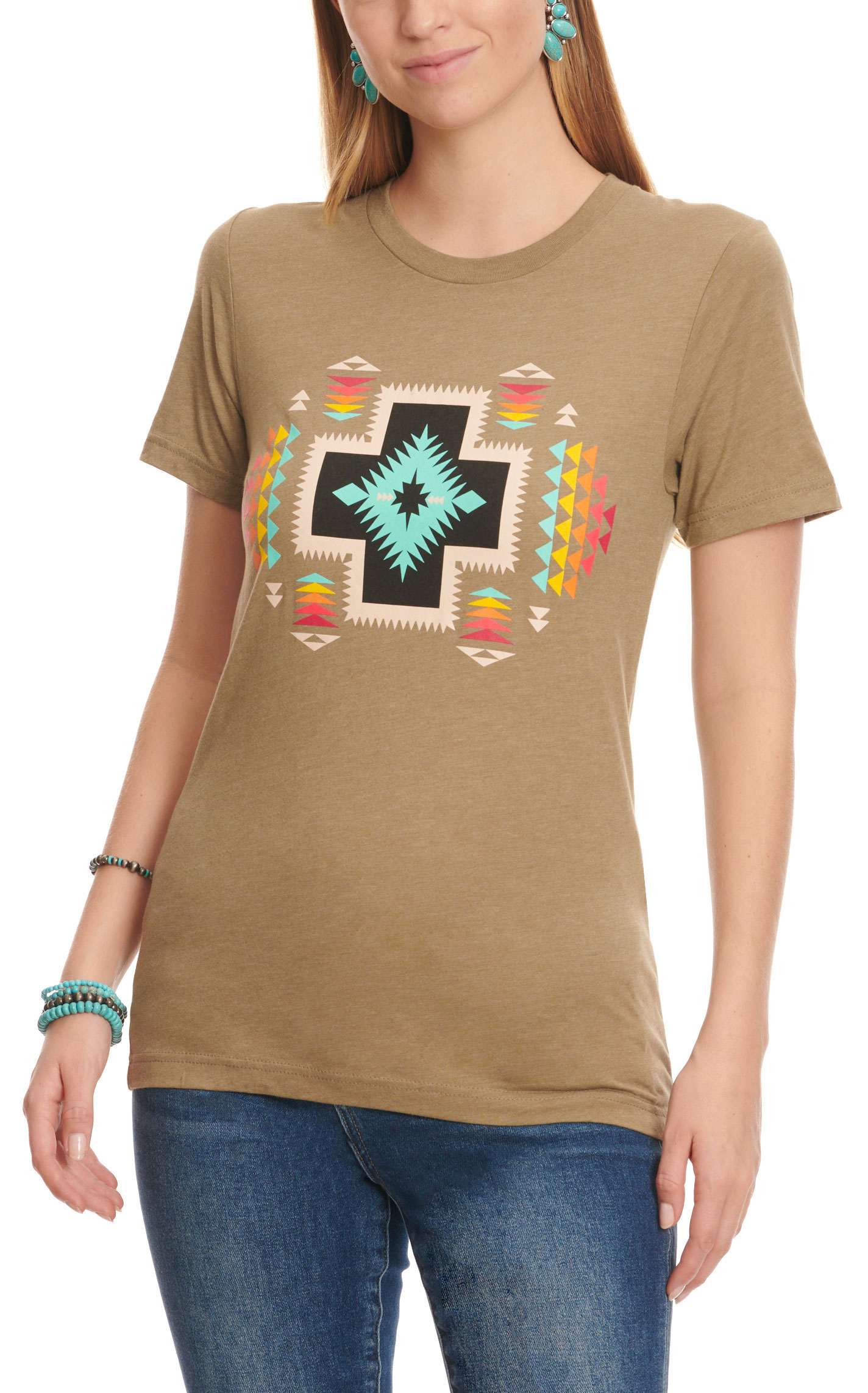 Rowdy Crowd Women's Toasted Olive & Colorful Aztec Graphic Short Sleeve T-Shirt - Image 1