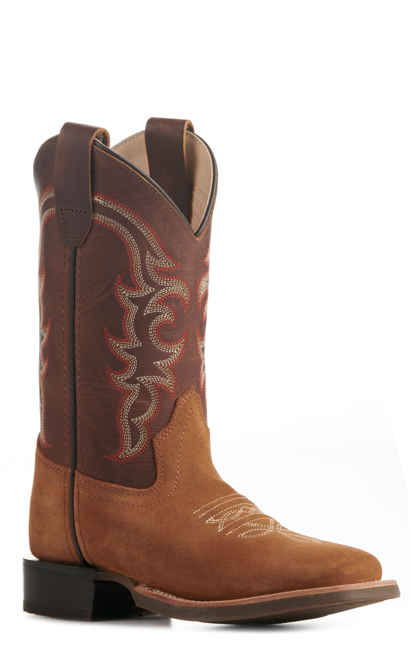 Old West Kids Light Brown and Dark Brown Wide Square Toe Cowboy Boots - Image 1