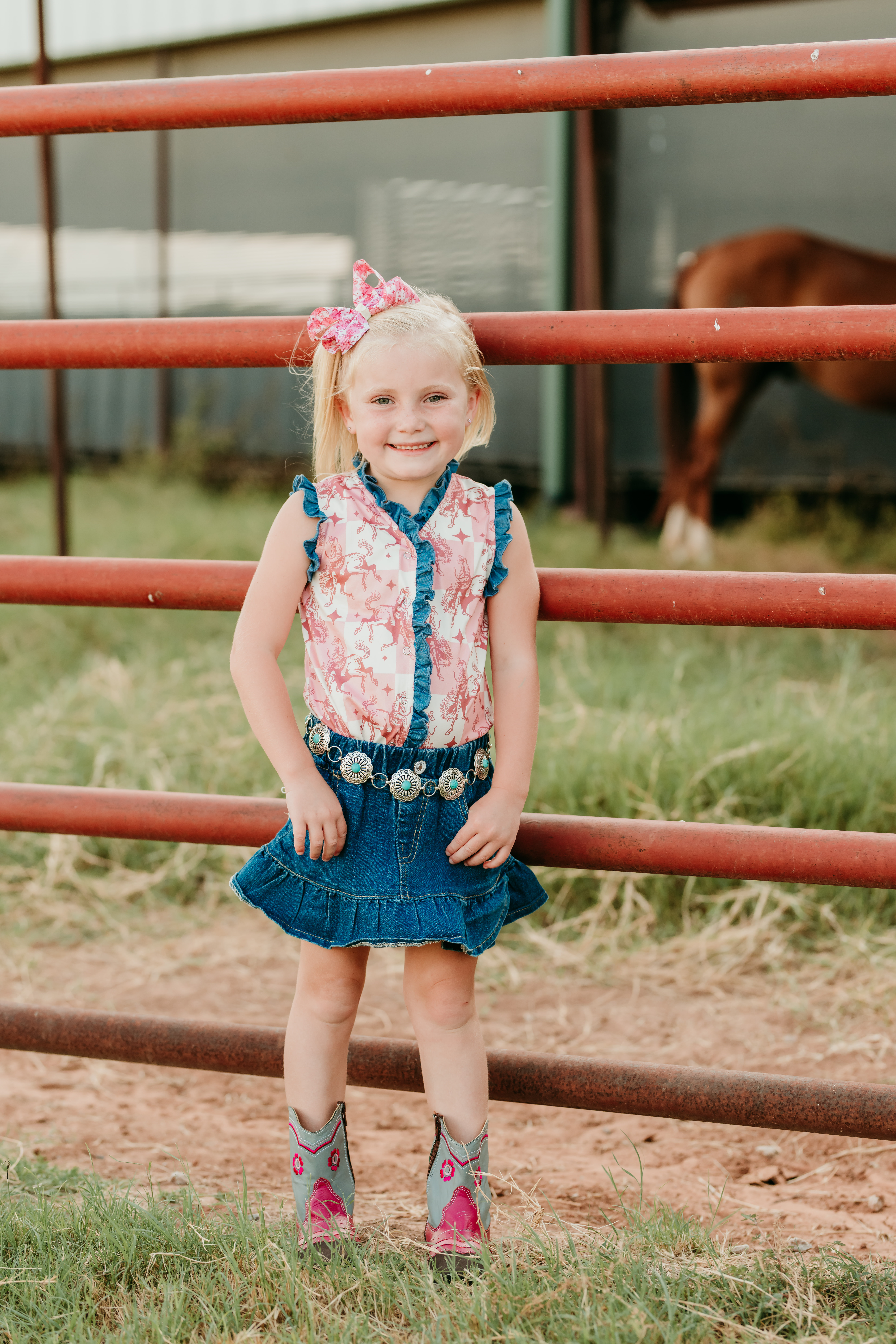 Shea Baby Toddler Girl's Rose Check & Bronc Rider Denim Ruffle Top - Image 1