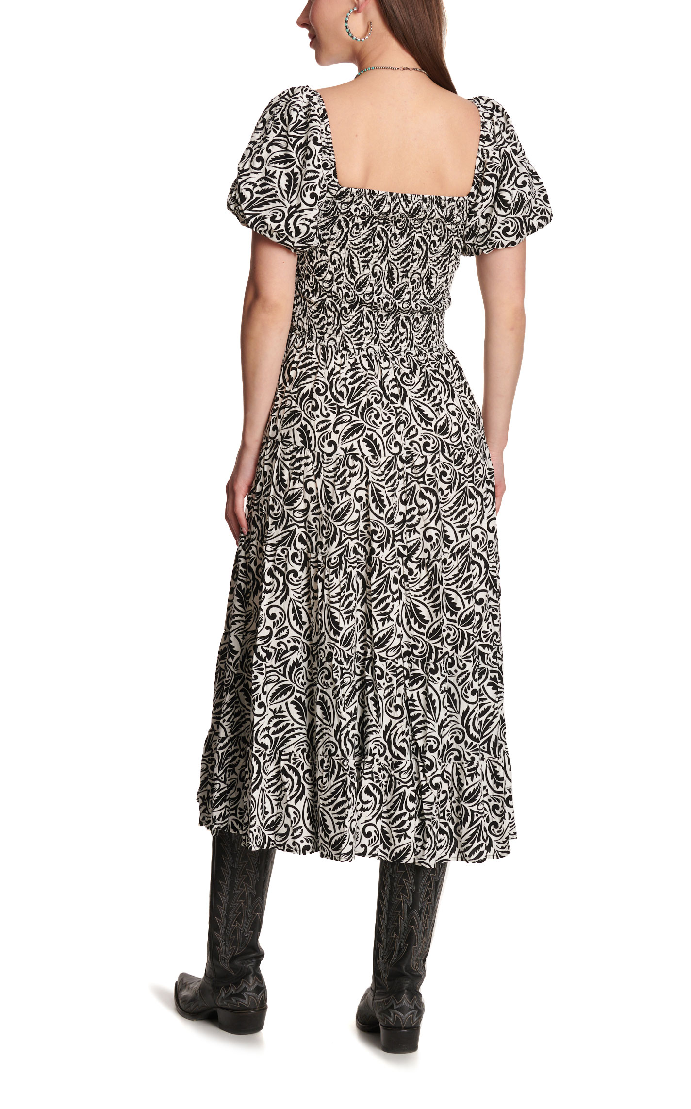 HYFVE Women's Black & White Western Print Smocked Dress - Image 3